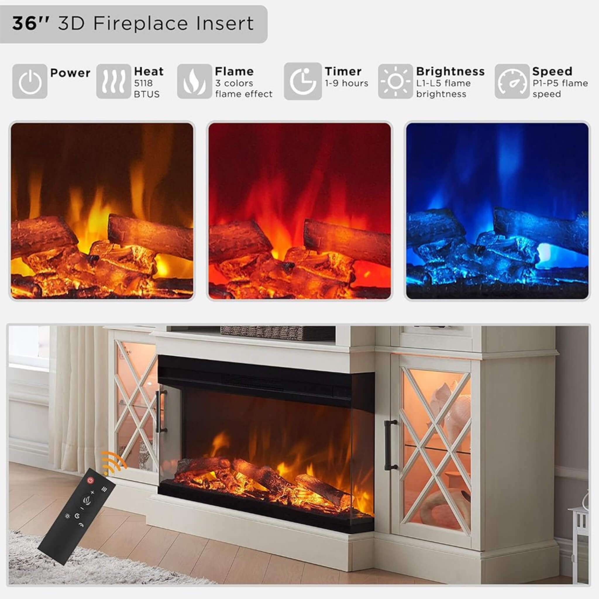 Electric Fireplace TV Stand With Glass Door Storage Cabinet, 70" (SAK58627) - Energize Trek