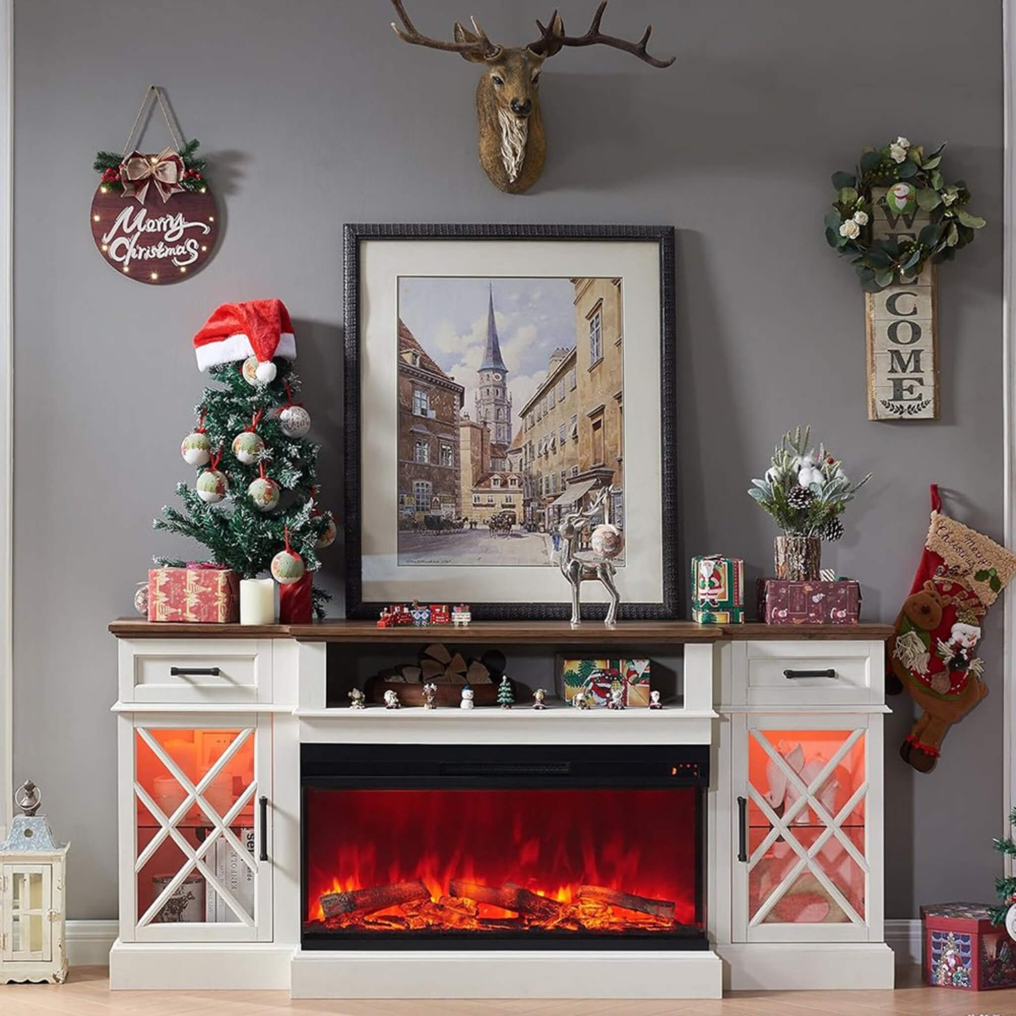 Electric Fireplace TV Stand With Glass Door Storage Cabinet, 70" (SAK58627) - Energize Trek