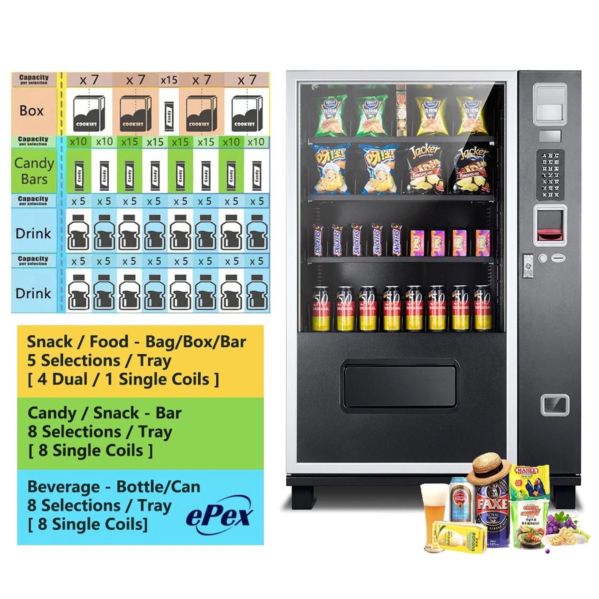 Epx 5FT Snacks And Drinks Combo Vending Machine With Dual Zone Refrigeration And Bill Acceptor [G432] (SAK76984) - Energize Trek
