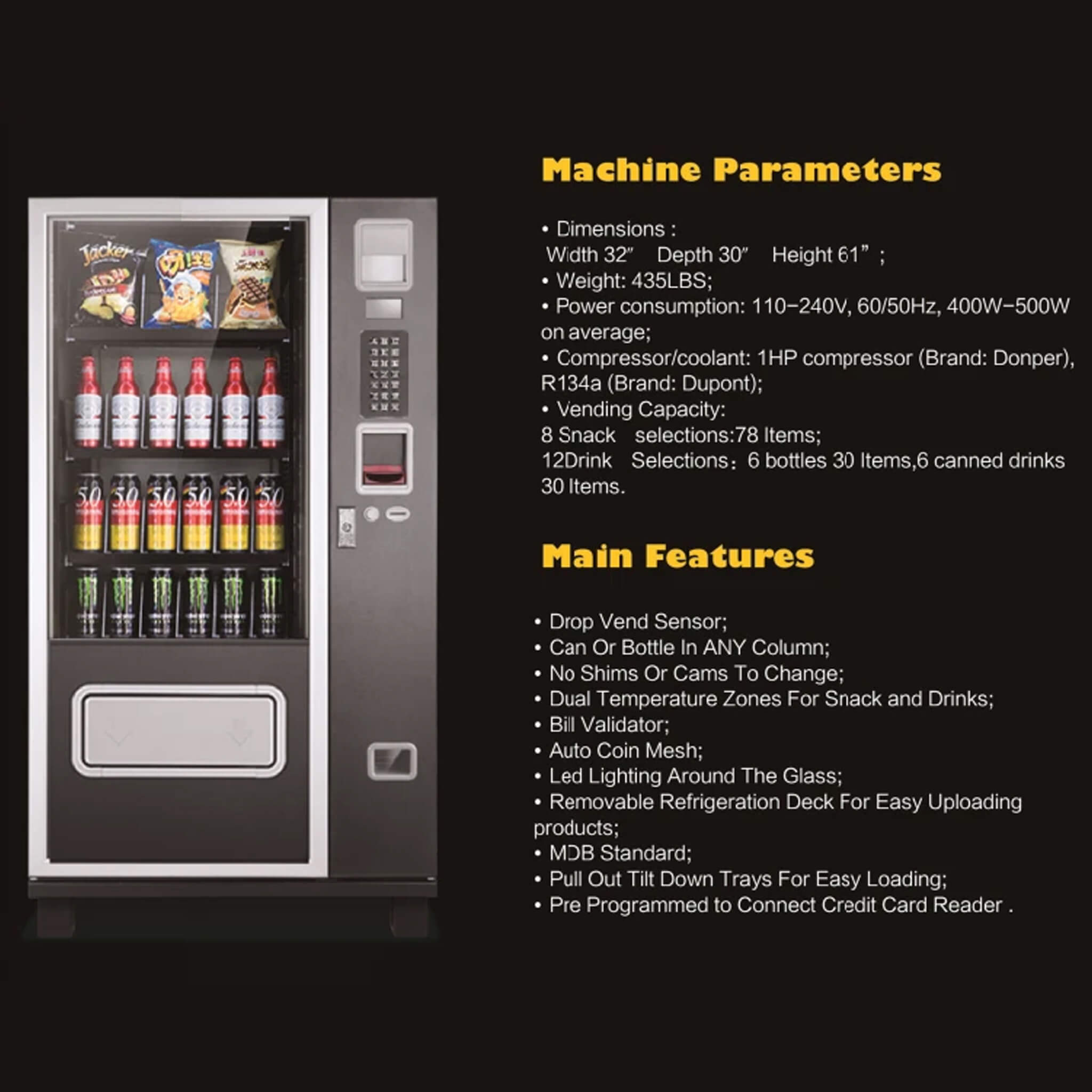 Epx 5FT Snacks And Drinks Combo Vending Machine With Refrigeration And Bill Acceptor [G424] (SAK51689) - Energize Trek