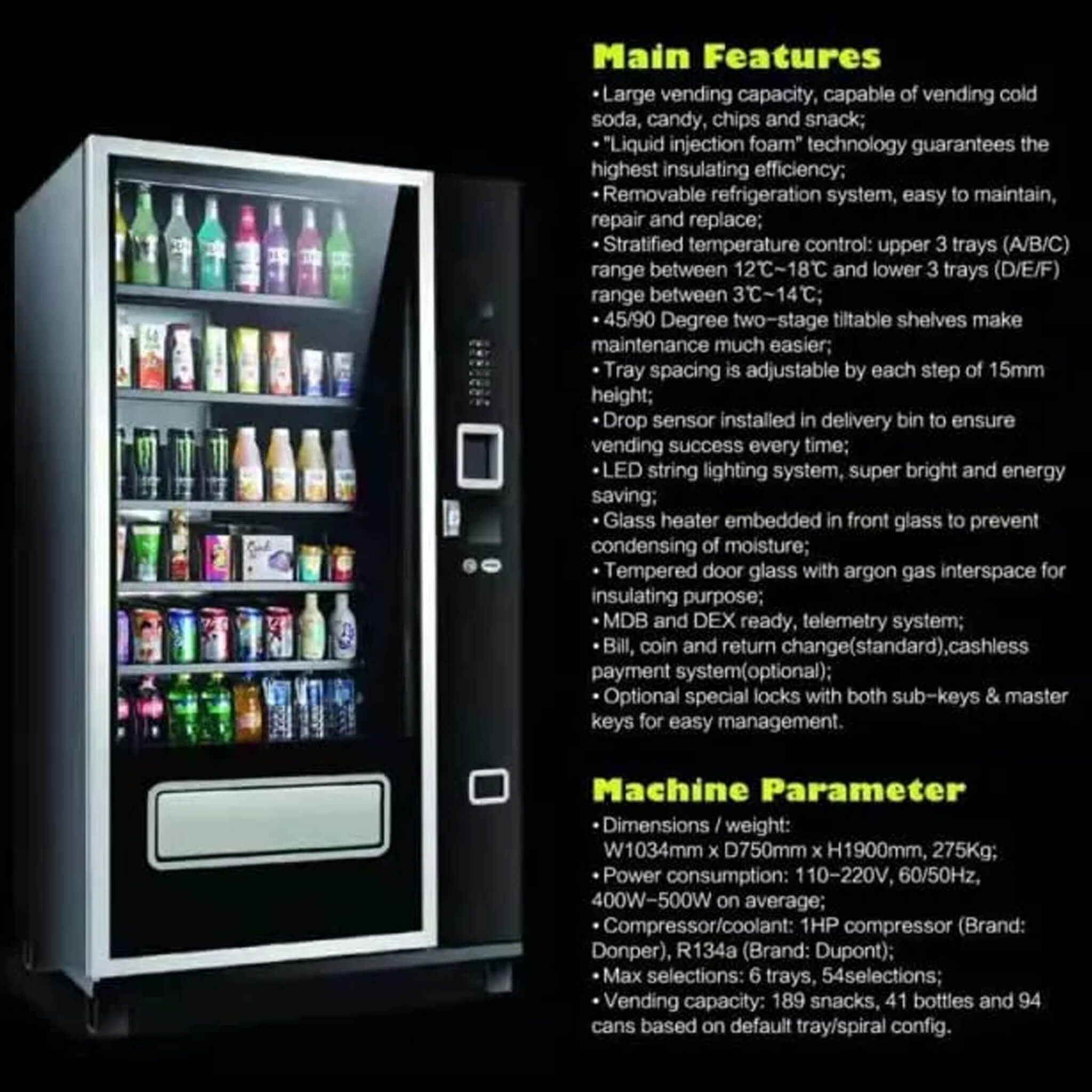 Epx Large 6FT Snacks And Drinks Combo Vending Machine With Dual Zone Refrigeration And Bill Acceptor [EP-G654] (SAK47539) - Energize Trek