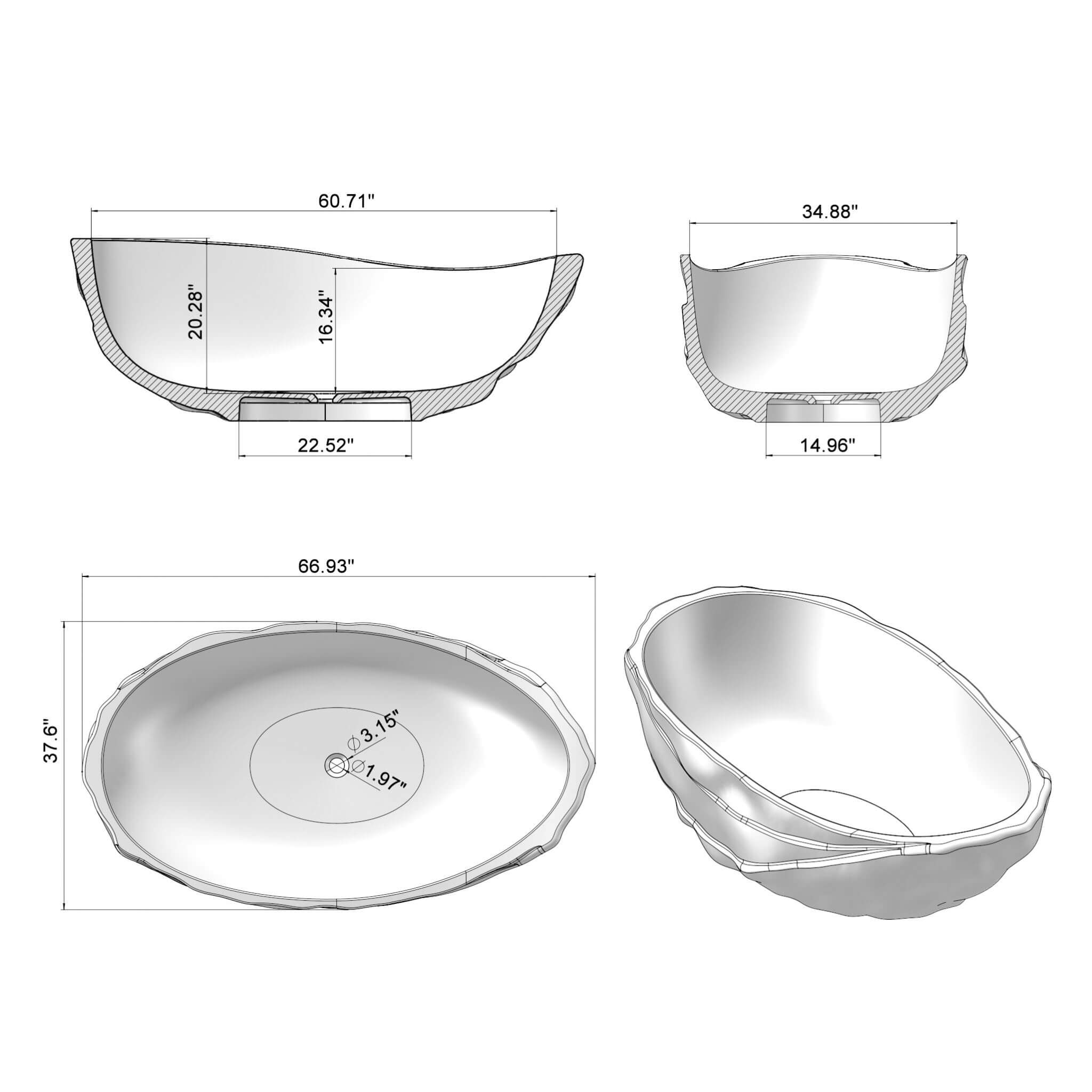 Extra Large 67" Modern Freestanding Oval Resin Soaking Bathtub (SAK14326) - Energize Trek