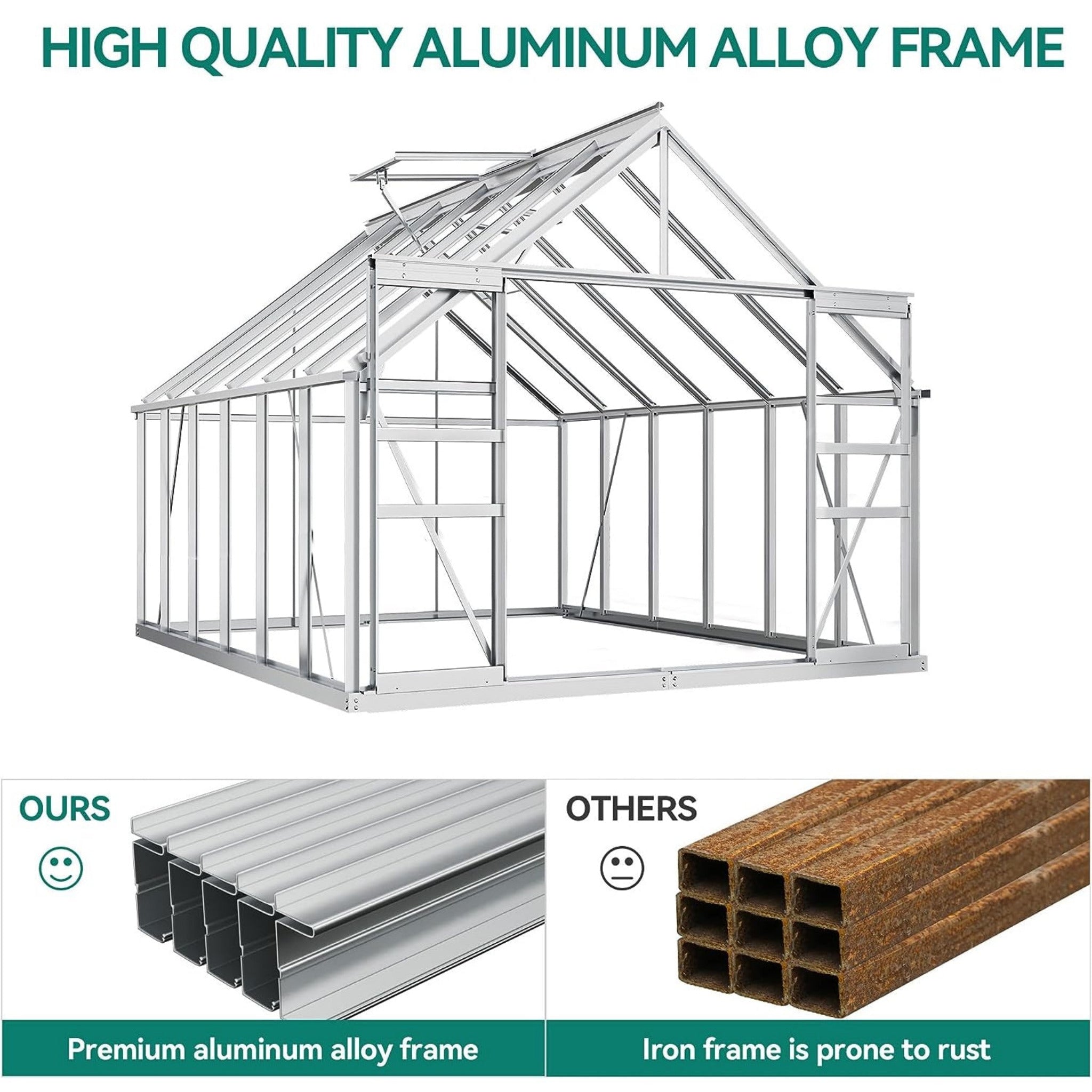 [10x12FT] Extra Large Heavy Duty Polycarbonate Aluminum Greenhouse With Sliding Doors And Vents (92574183) - Energize Trek