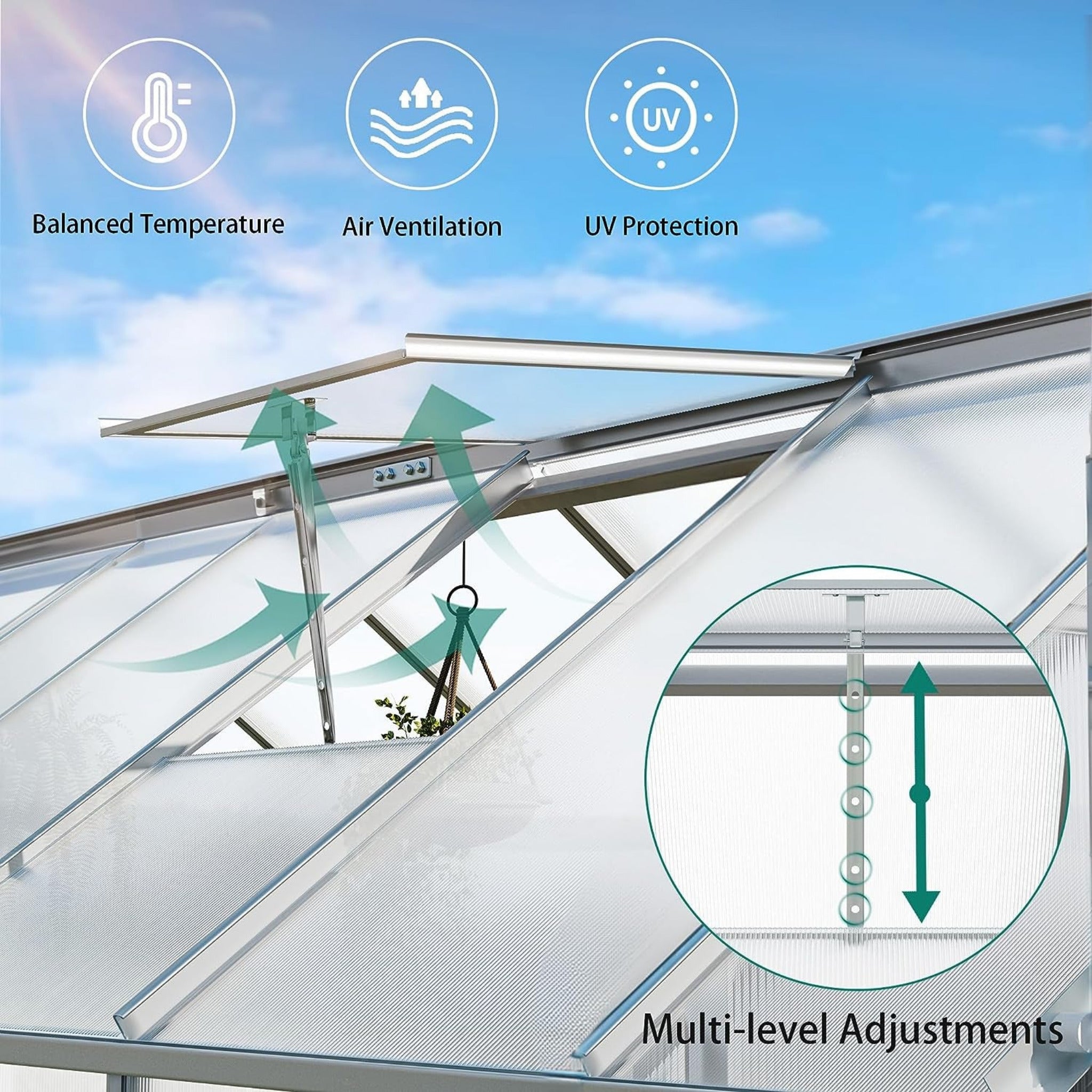 [10x12FT] Extra Large Heavy Duty Polycarbonate Aluminum Greenhouse With Sliding Doors And Vents (92574183) - Energize Trek