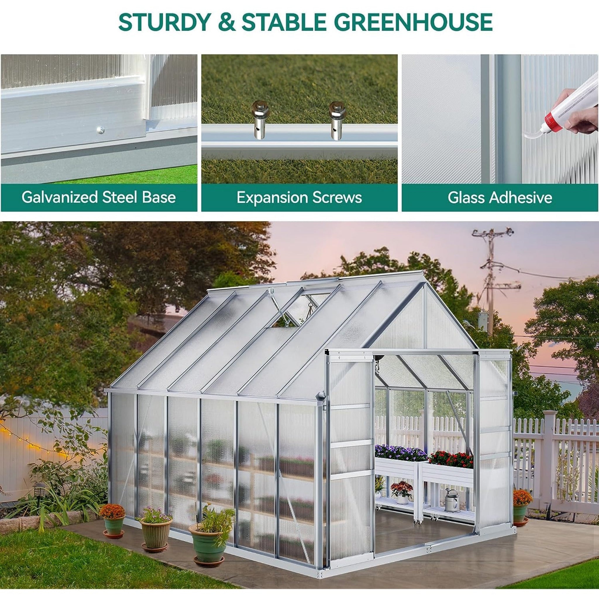 [10x12FT] Extra Large Heavy Duty Polycarbonate Aluminum Greenhouse With Sliding Doors And Vents (92574183) - Energize Trek