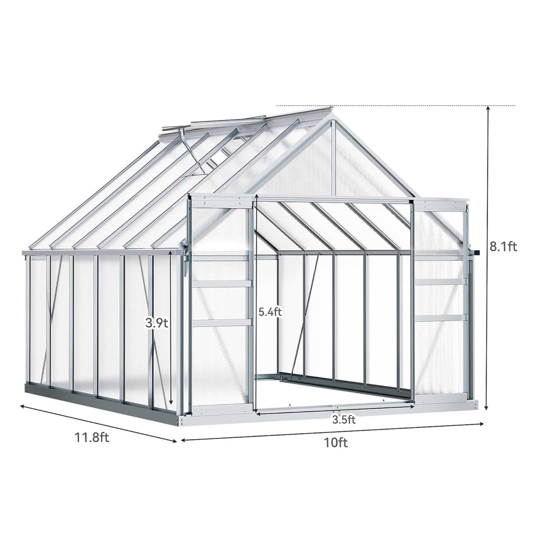 [10x12FT] Extra Large Heavy Duty Polycarbonate Aluminum Greenhouse With Sliding Doors And Vents (92574183) - Energize Trek