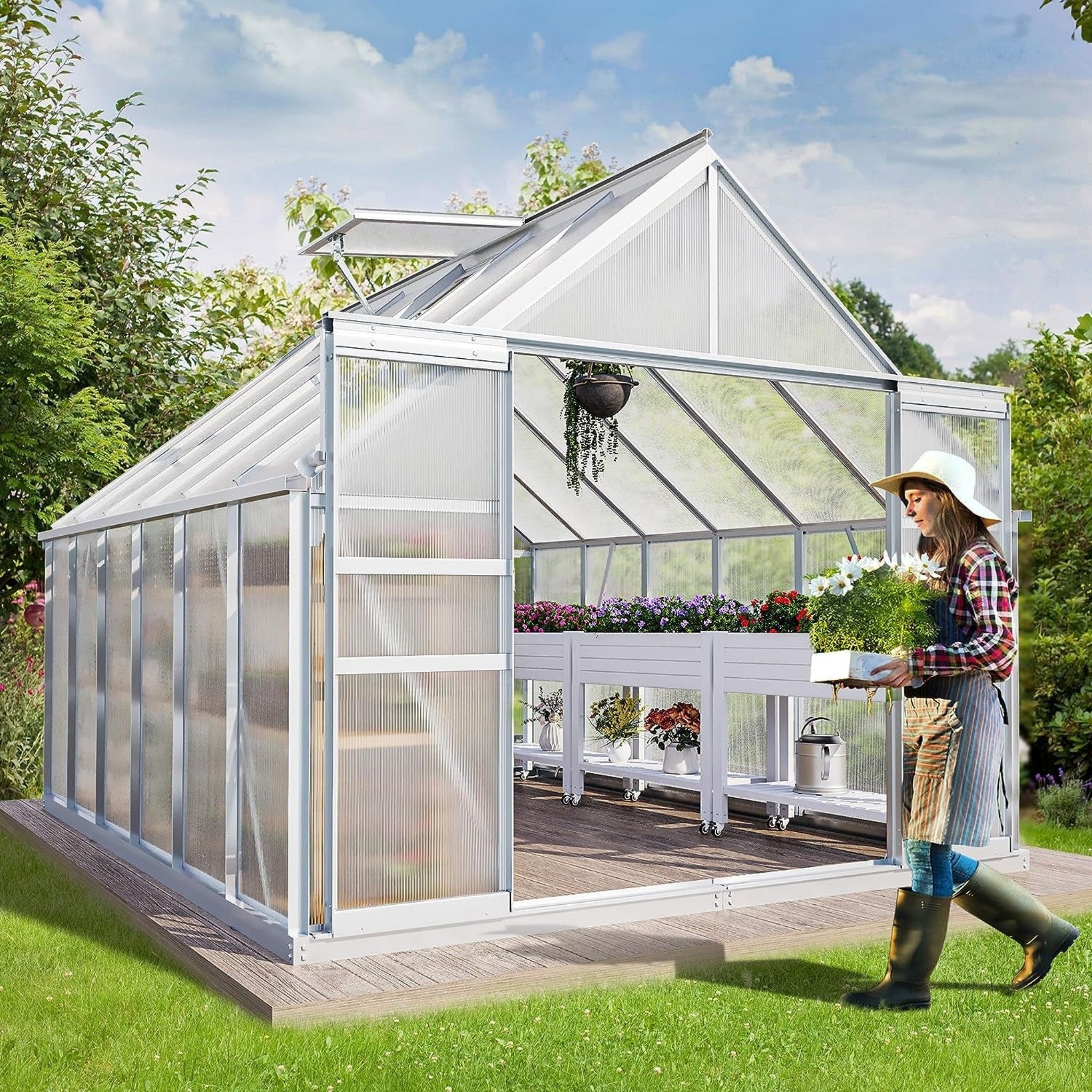 [10x12FT] Extra Large Heavy Duty Polycarbonate Aluminum Greenhouse With Sliding Doors And Vents (92574183) - Energize Trek