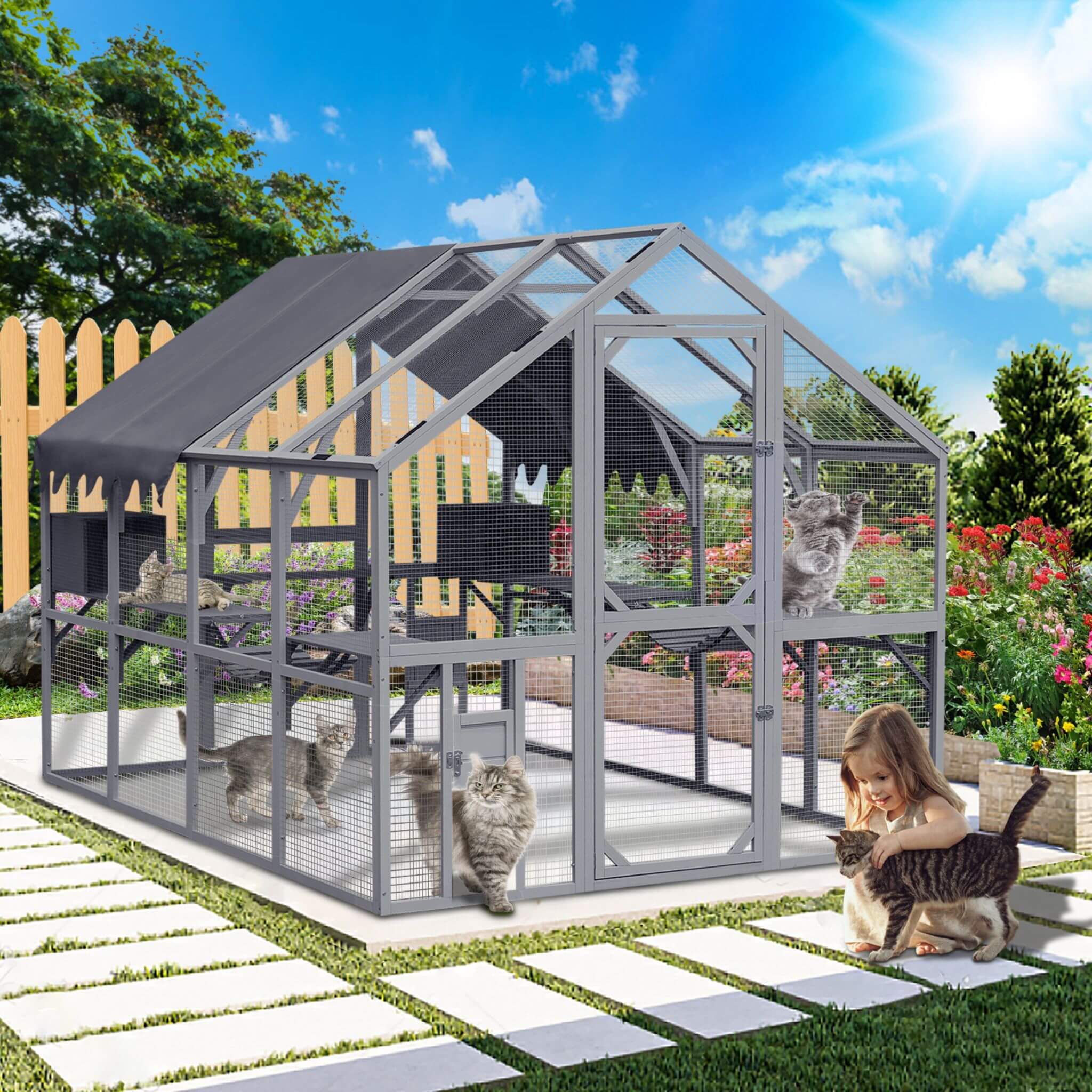 Extra Large Outdoor Cat Kitten Playpen House With Platforms, And Waterproof Cover (SAK55092) - Energize Trek