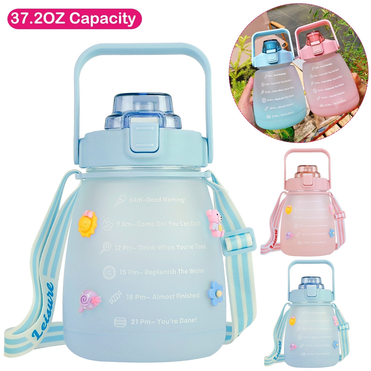 Kawaii Water Bottle with Straw 37.2oz Large Capacity Portable Sports Bottle with Cute Three-Dimensional Stickers