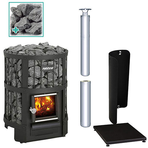 Harvia Legend 150 SS Sauna Stove Package – 16kW Wood-Burning Stove with Chimney, Sheath & Stones - Energize Trek