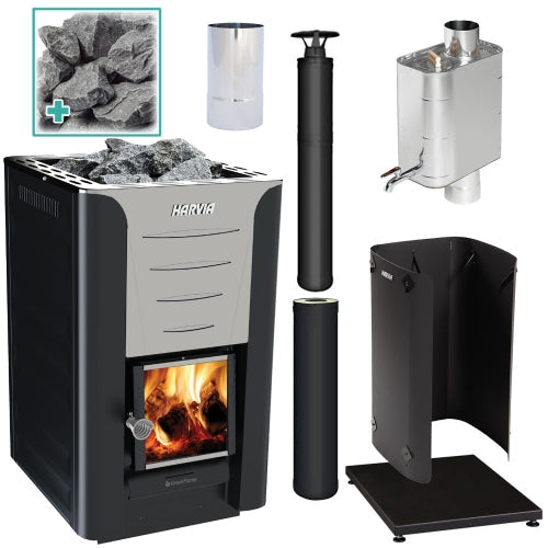 Harvia Pro 20 BK WH Sauna Stove Package – 24kW Wood-Burning Stove with Chimney, Water Heater & Stones - Energize Trek