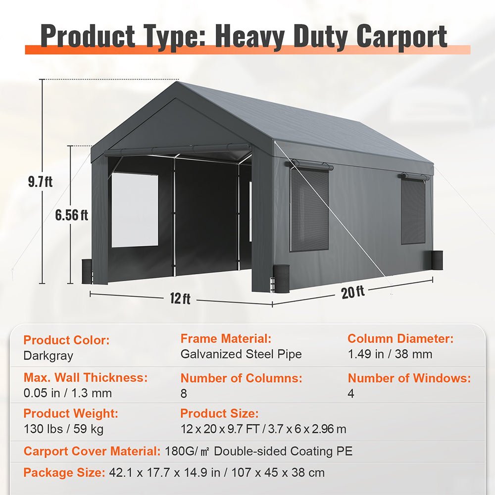 [12x20FT] Heavy Duty Outdoor Premium Garage Tarp Canopy Shelter W/ Removable Sidewalls (SAK94615) - Energize Trek