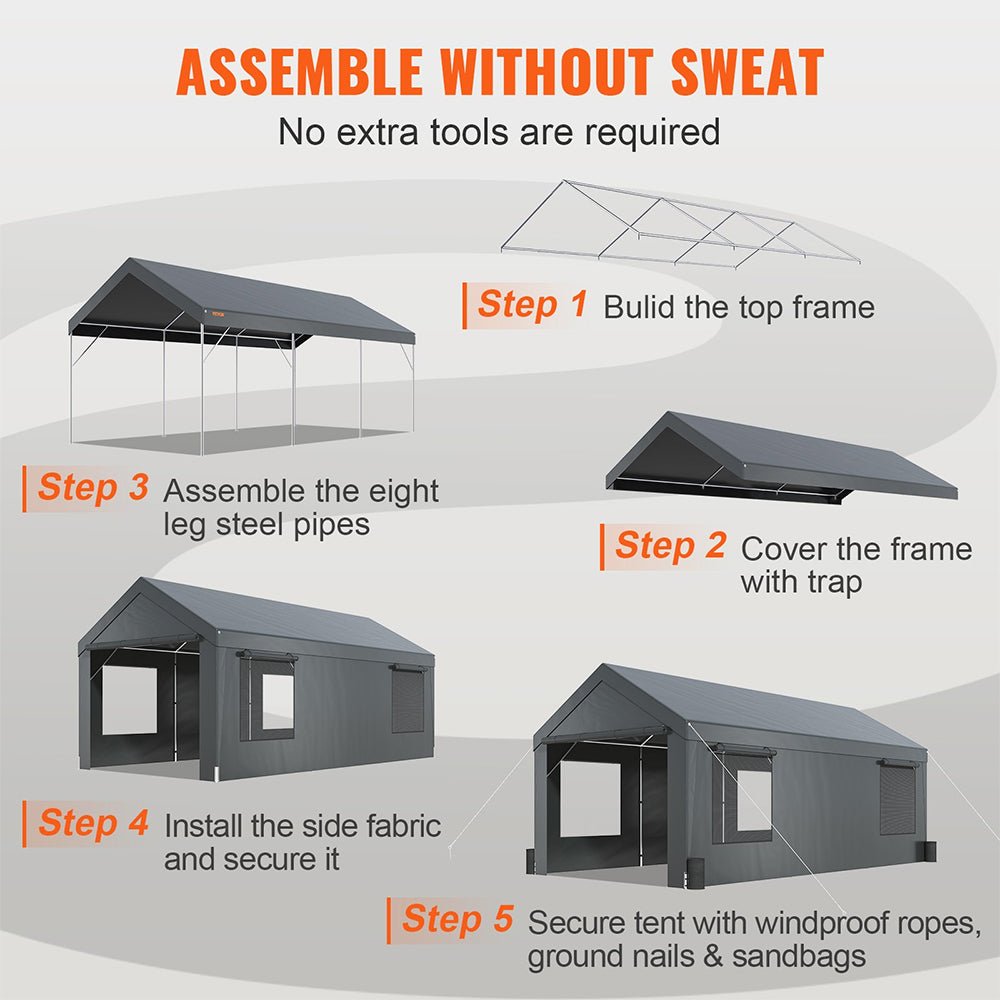 [12x20FT] Heavy Duty Outdoor Premium Garage Tarp Canopy Shelter W/ Removable Sidewalls (SAK94615) - Energize Trek