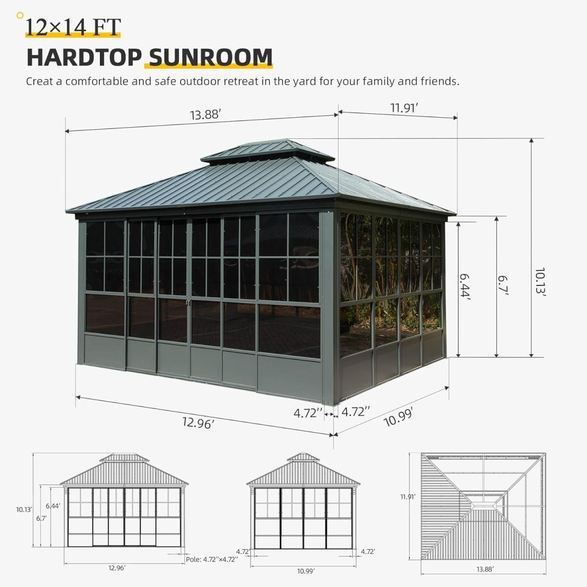 [12x14FT] Large Heavy Duty All-Season Steel Top Aluminum Double Roof Backyard Gazebo (SAK97284) - Energize Trek