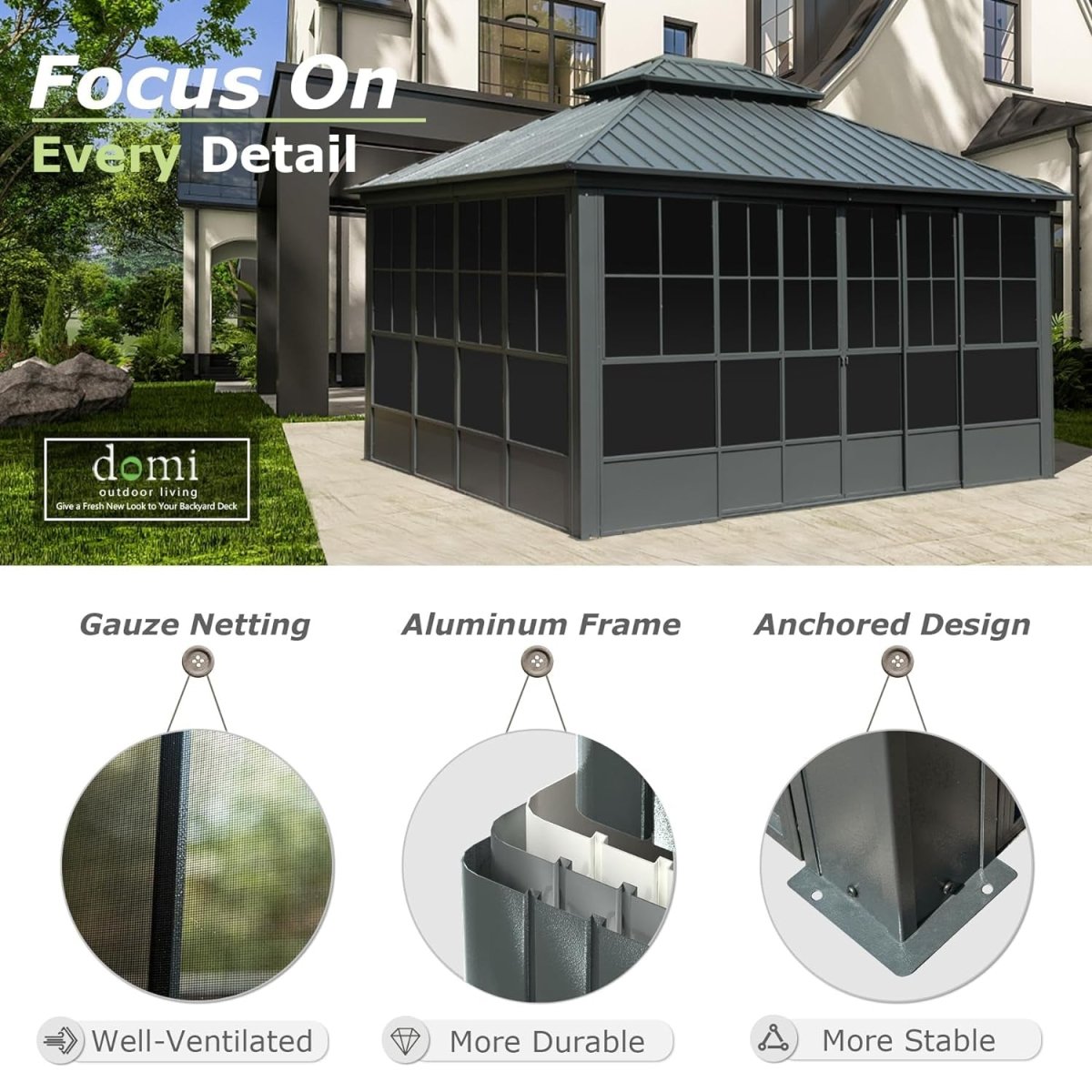 [12x14FT] Large Heavy Duty All-Season Steel Top Aluminum Double Roof Backyard Gazebo (SAK97284) - Energize Trek
