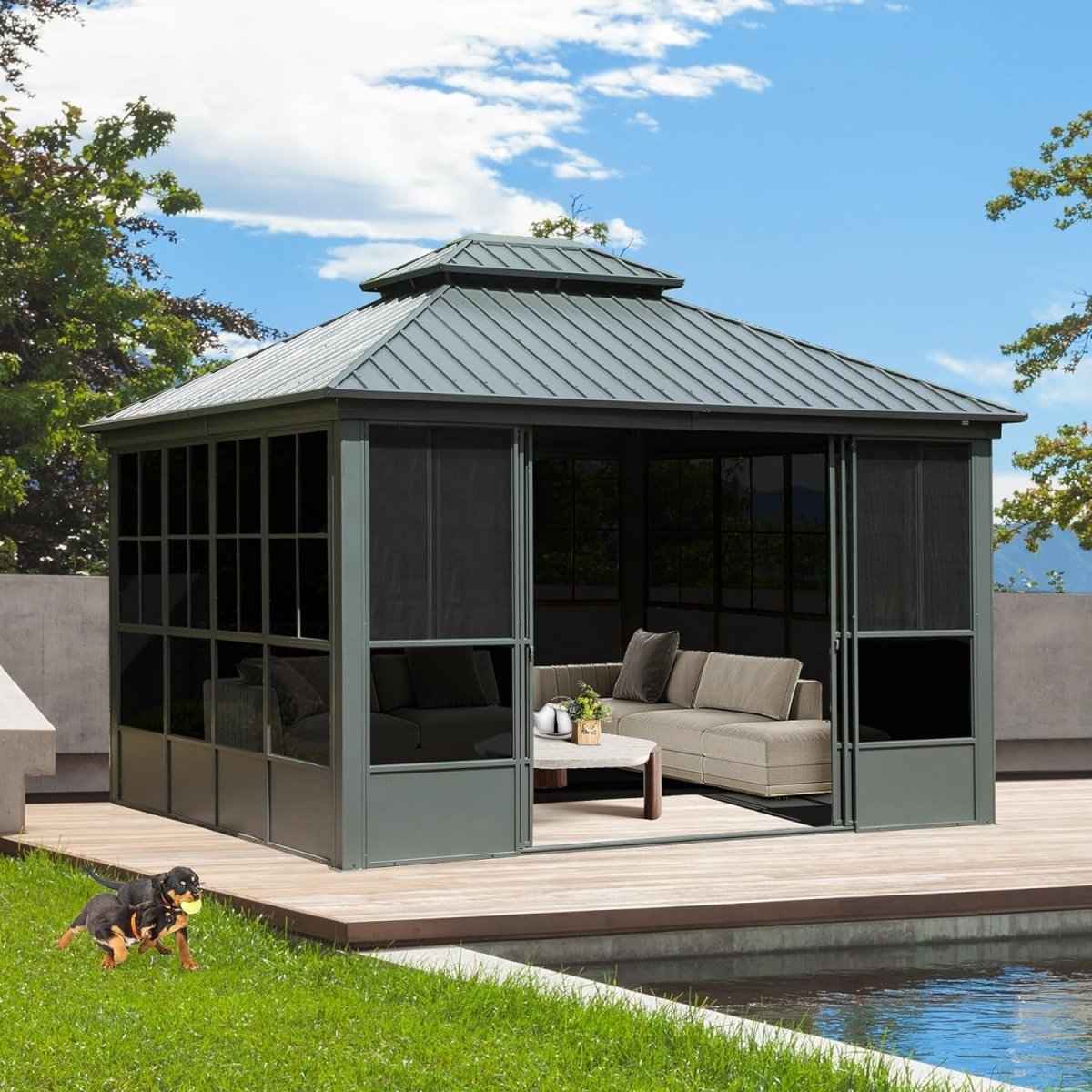 [12x14FT] Large Heavy Duty All-Season Steel Top Aluminum Double Roof Backyard Gazebo (SAK97284) - Energize Trek