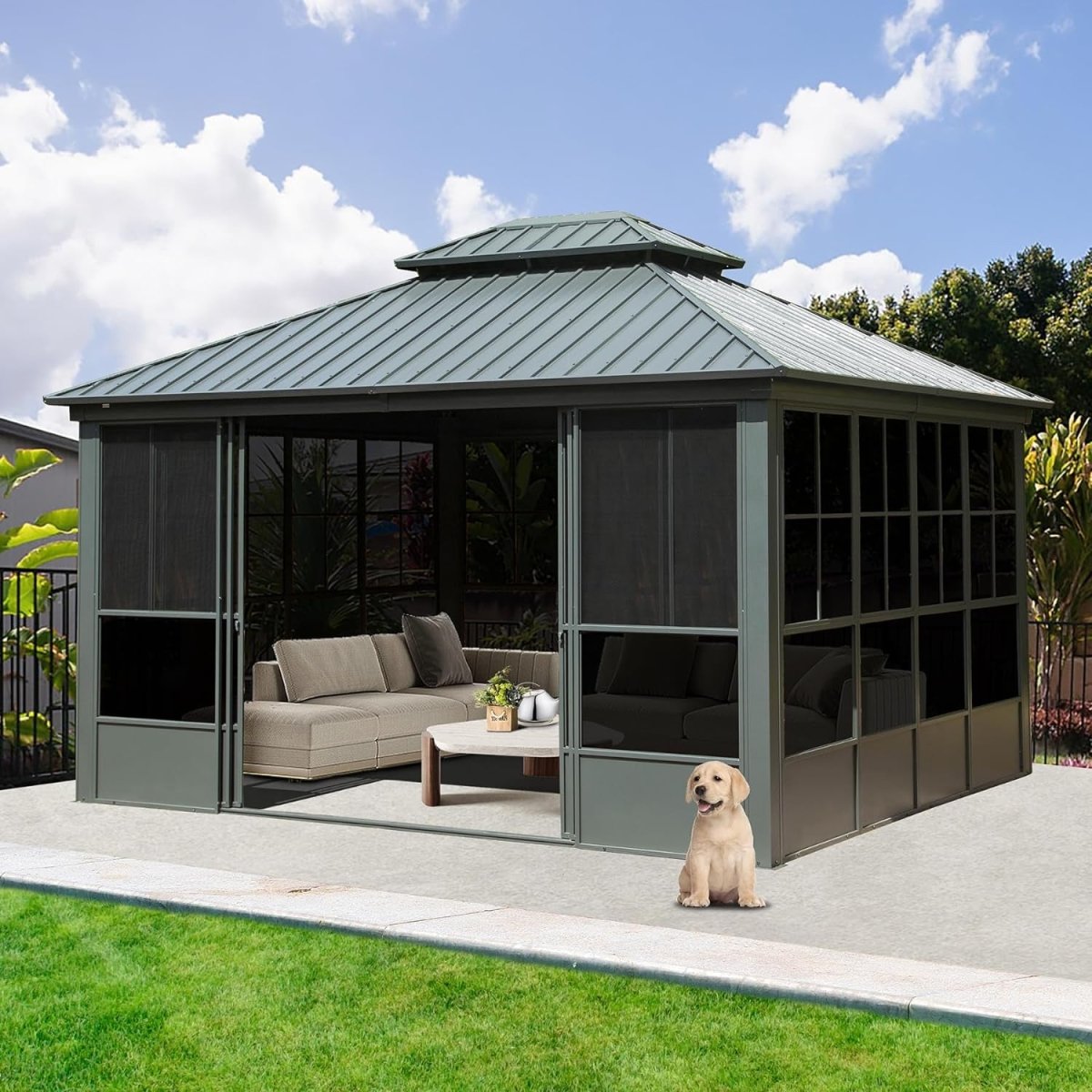 [12x14FT] Large Heavy Duty All-Season Steel Top Aluminum Double Roof Backyard Gazebo (SAK97284) - Energize Trek