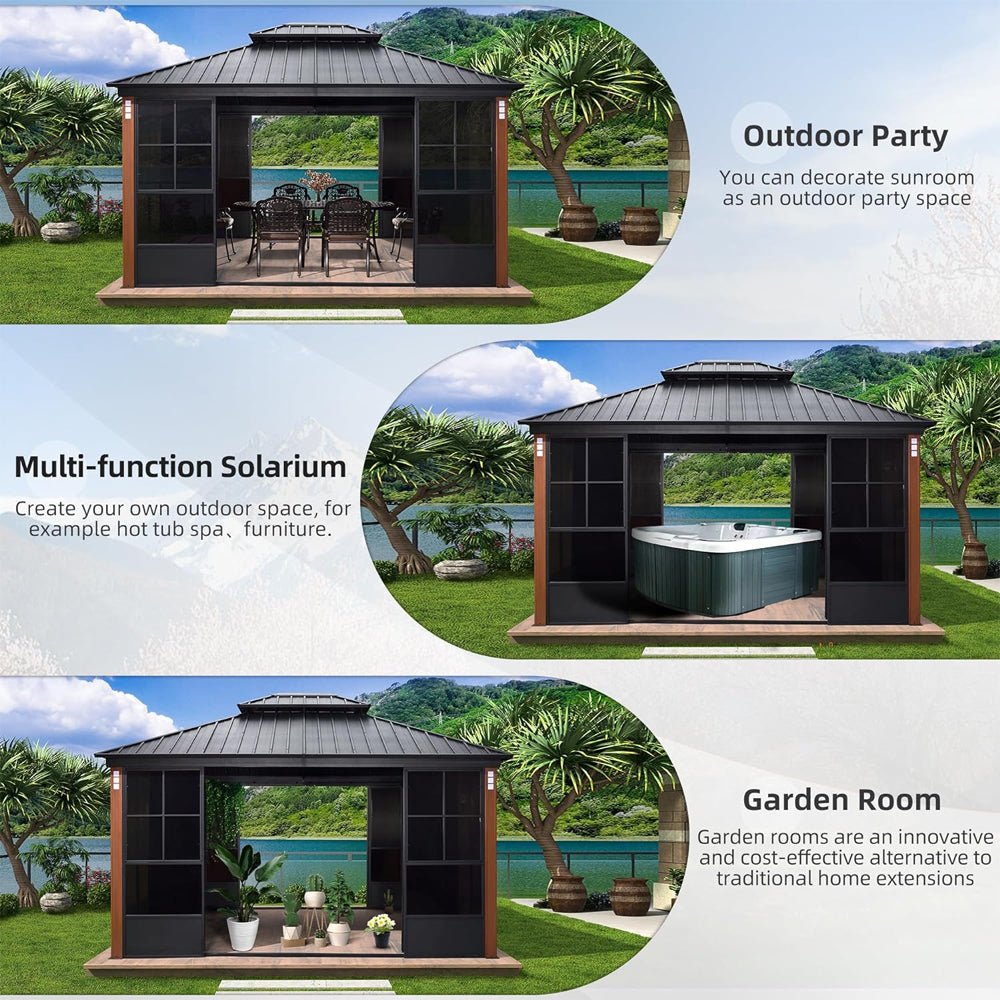 [12x14FT] Large Heavy Duty Outdoor Aluminum Patio Hard Double Steel Top Backyard Sun Room Gazebo (94625371) - Energize Trek