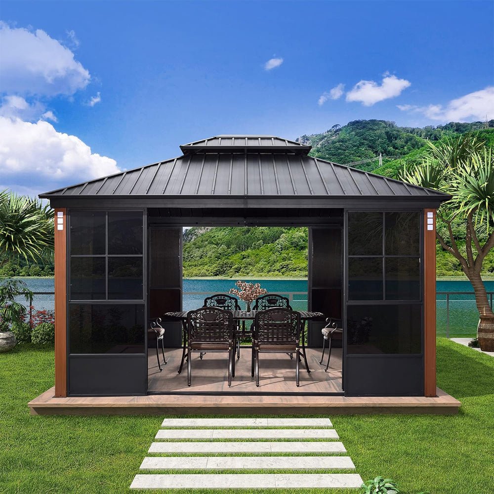 [12x14FT] Large Heavy Duty Outdoor Aluminum Patio Hard Double Steel Top Backyard Sun Room Gazebo (94625371) - Energize Trek