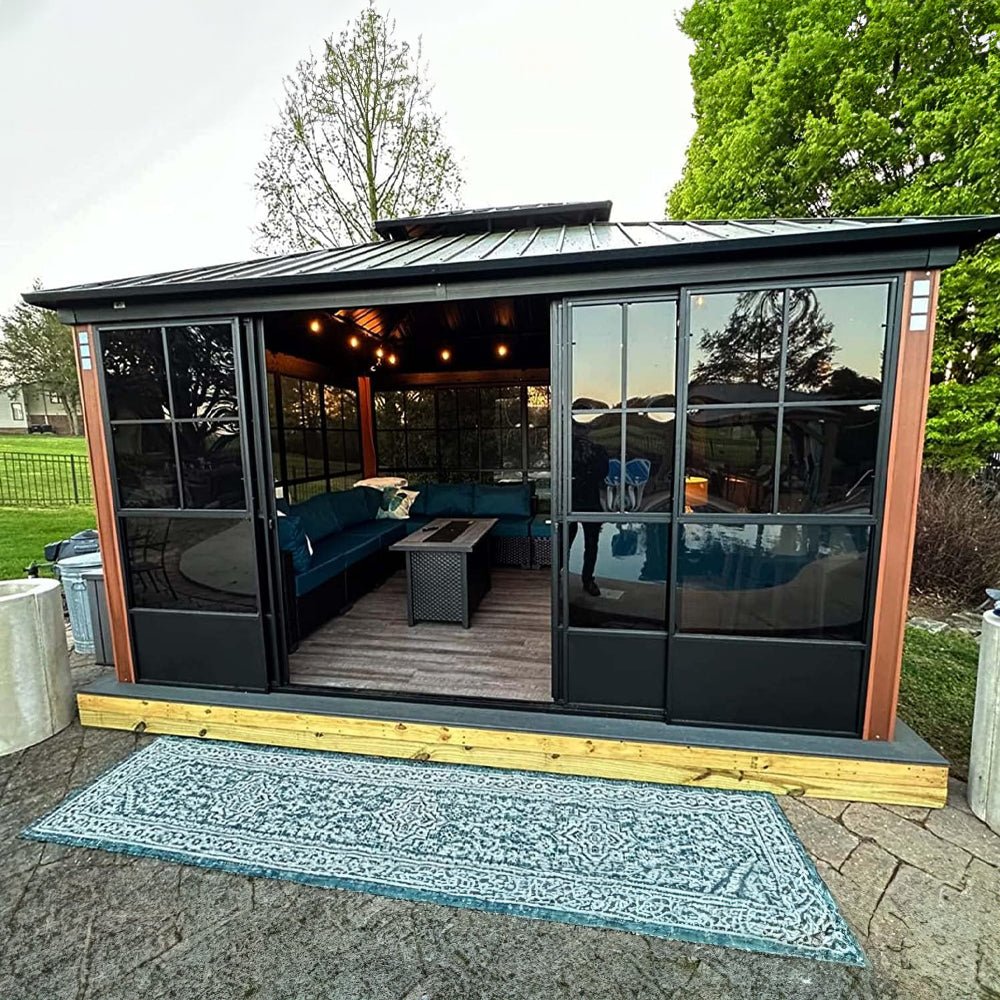 [12x14FT] Large Heavy Duty Outdoor Aluminum Patio Hard Double Steel Top Backyard Sun Room Gazebo (94625371) - Energize Trek