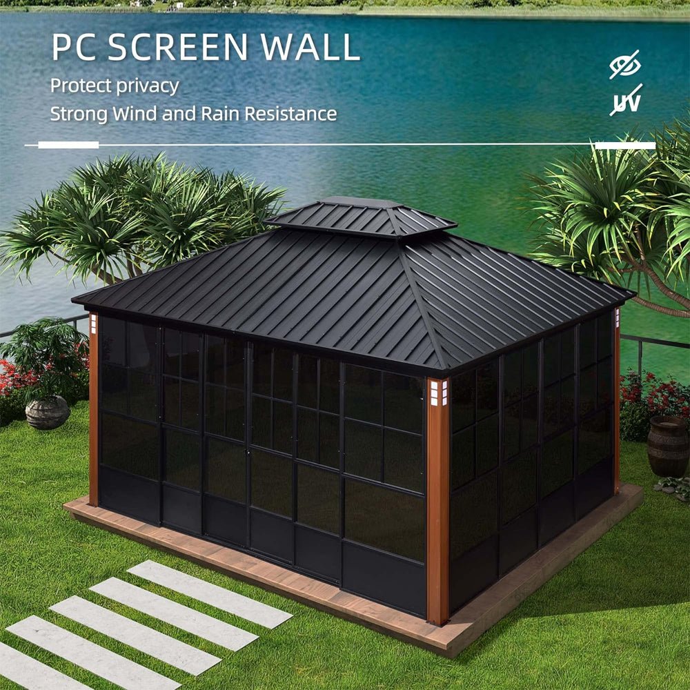 [12x14FT] Large Heavy Duty Outdoor Aluminum Patio Hard Double Steel Top Backyard Sun Room Gazebo (94625371) - Energize Trek