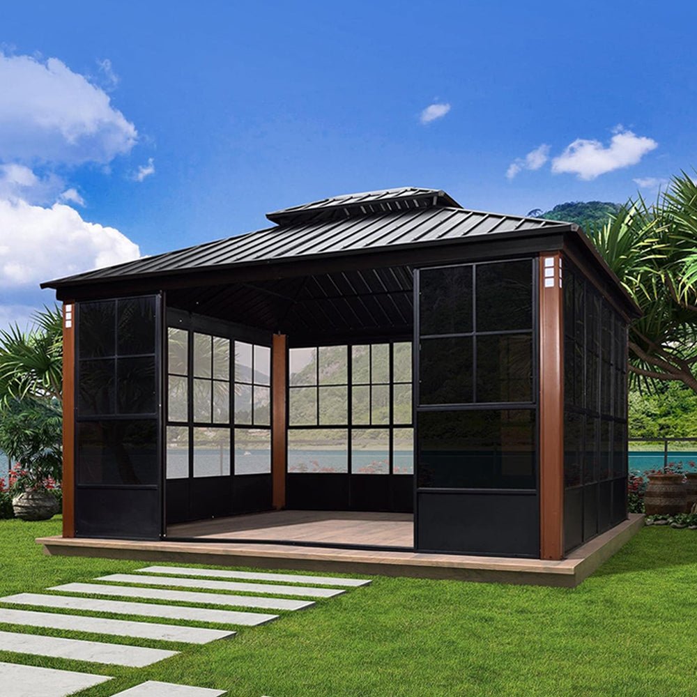[12x14FT] Large Heavy Duty Outdoor Aluminum Patio Hard Double Steel Top Backyard Sun Room Gazebo (94625371) - Energize Trek