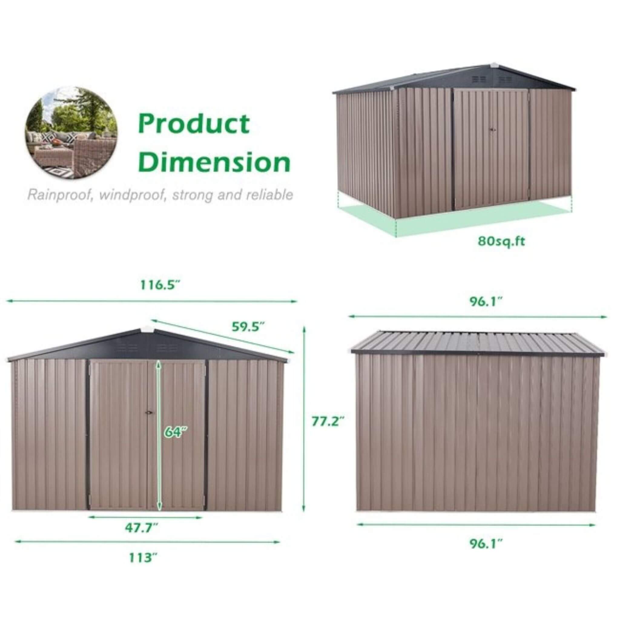 [08X10FT] Large Heavy Duty Outdoor Metal Garden Tools Storage Utility Shed W/ Lockable Door (SAK72751) - Energize Trek