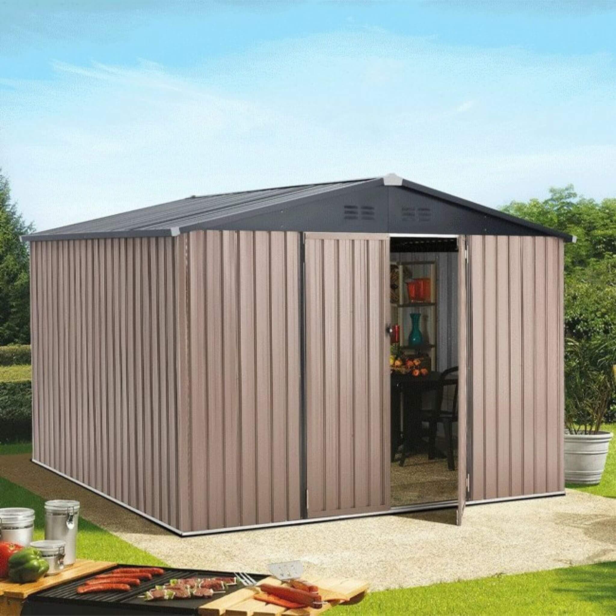 [08X10FT] Large Heavy Duty Outdoor Metal Garden Tools Storage Utility Shed W/ Lockable Door (SAK72751) - Energize Trek