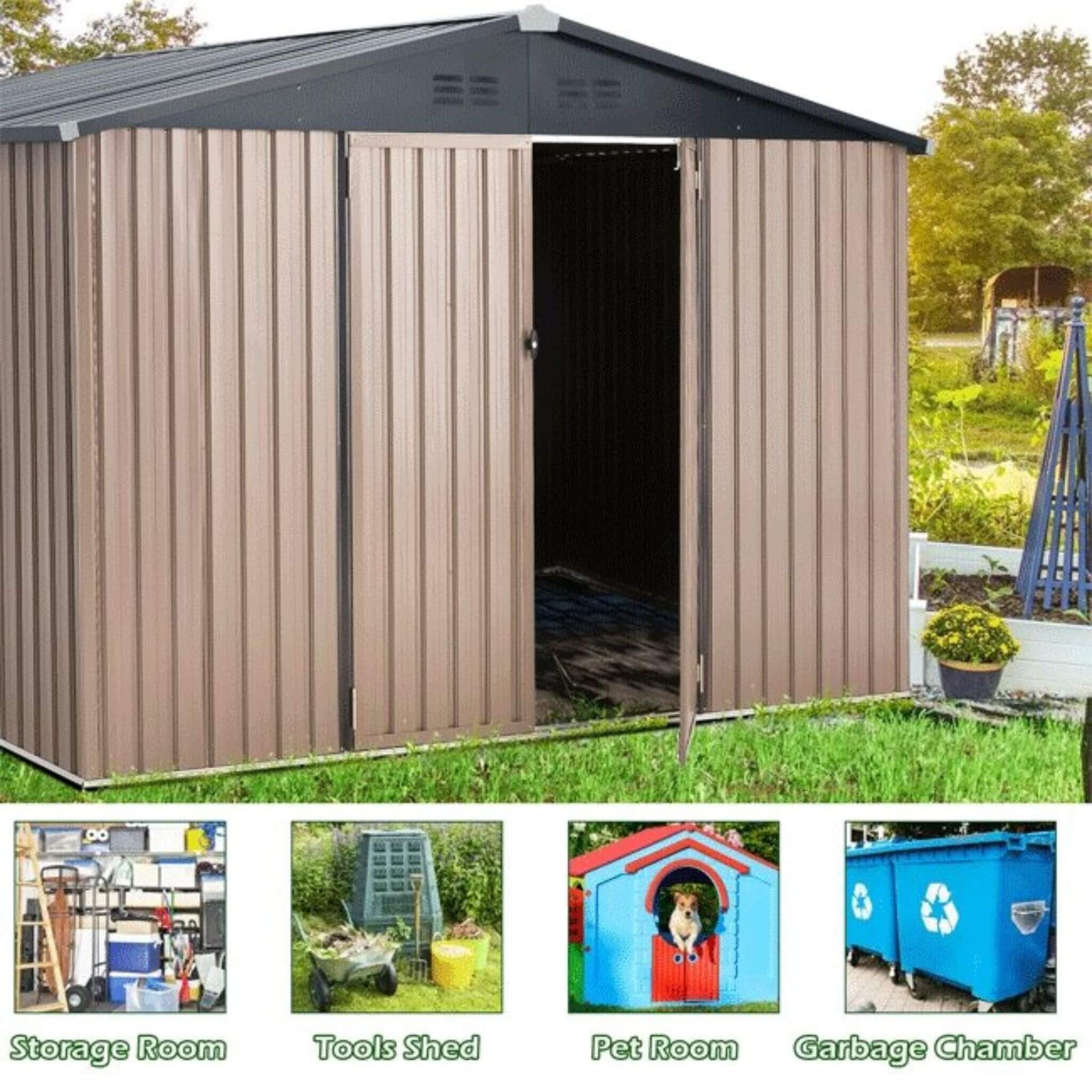 [08X10FT] Large Heavy Duty Outdoor Metal Garden Tools Storage Utility Shed W/ Lockable Door (SAK72751) - Energize Trek