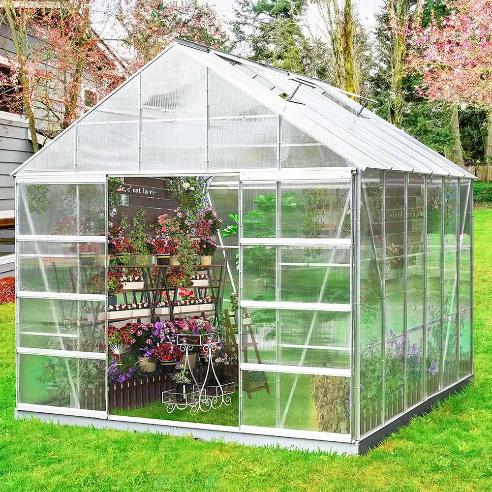 [10x12FT] Large Heavy Duty Outdoor Walk-In Polycarbonate Aluminum Frame Greenhouse With Adjustable Vents & Sliding Doors (SAK93648) - Energize Trek