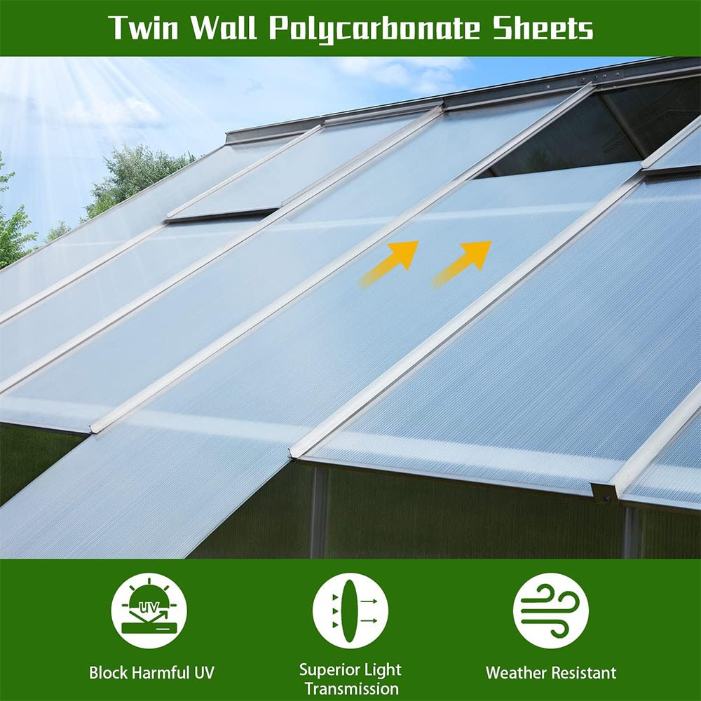 [10x12FT] Large Heavy Duty Outdoor Walk-In Polycarbonate Aluminum Frame Greenhouse With Adjustable Vents & Sliding Doors (SAK93648) - Energize Trek