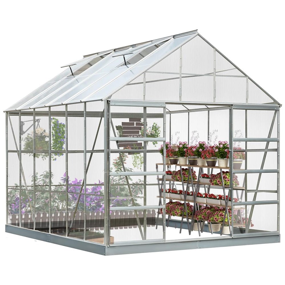[10x12FT] Large Heavy Duty Outdoor Walk-In Polycarbonate Aluminum Frame Greenhouse With Adjustable Vents & Sliding Doors (SAK93648) - Energize Trek