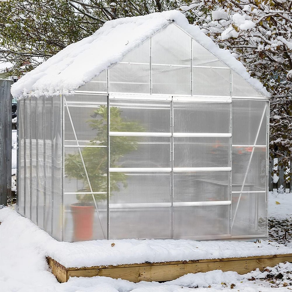 [10x12FT] Large Heavy Duty Outdoor Walk-In Polycarbonate Aluminum Frame Greenhouse With Adjustable Vents & Sliding Doors (SAK93648) - Energize Trek