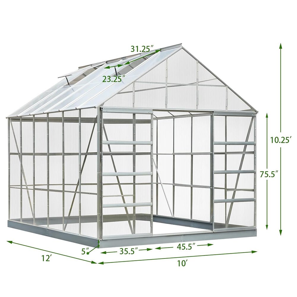 [10x12FT] Large Heavy Duty Outdoor Walk-In Polycarbonate Aluminum Frame Greenhouse With Adjustable Vents & Sliding Doors (SAK93648) - Energize Trek