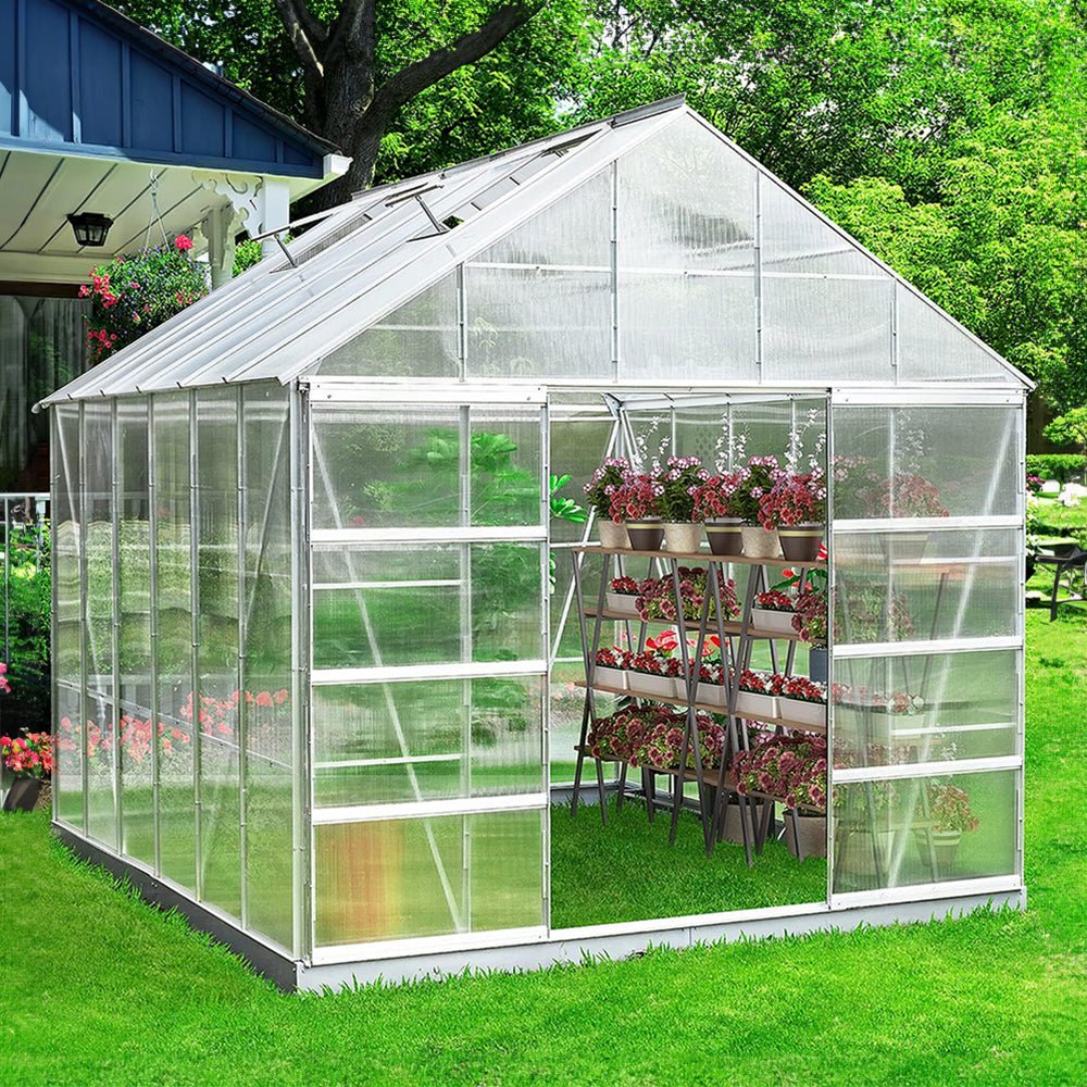 [10x12FT] Large Heavy Duty Outdoor Walk-In Polycarbonate Aluminum Frame Greenhouse With Adjustable Vents & Sliding Doors (SAK93648) - Energize Trek