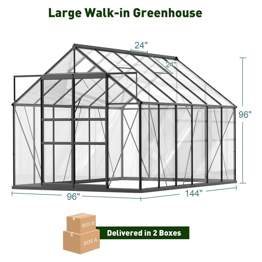[08x12FT] Large Heavy Duty Outdoor Walk-In Polycarbonate Greenhouse Kit With Adjustable Vents And Sliding Doors (95736851) - Energize Trek