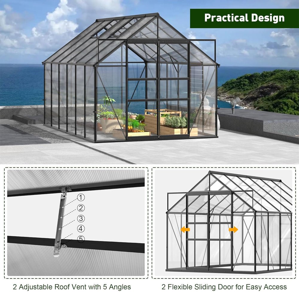 [08x12FT] Large Heavy Duty Outdoor Walk-In Polycarbonate Greenhouse Kit With Adjustable Vents And Sliding Doors (95736851) - Energize Trek
