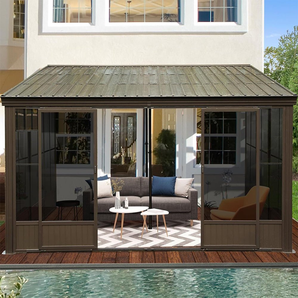 [12x14FT] Large Outdoor All-Season Wall Mounted Sunroom Solarium With Galvanized Steel Roof & Moveable PVC Screen (SAK46475) - Energize Trek