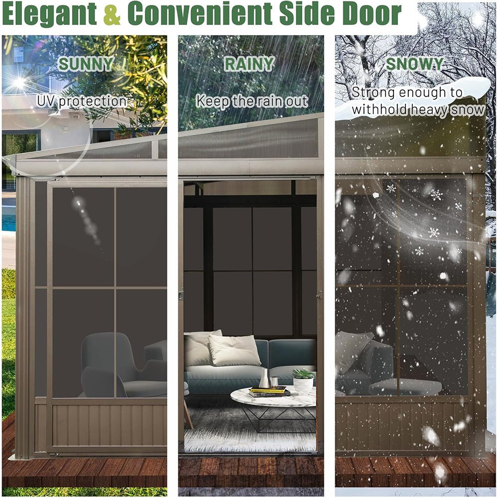 [12x14FT] Large Outdoor All-Season Wall Mounted Sunroom Solarium With Galvanized Steel Roof & Moveable PVC Screen (SAK46475) - Energize Trek