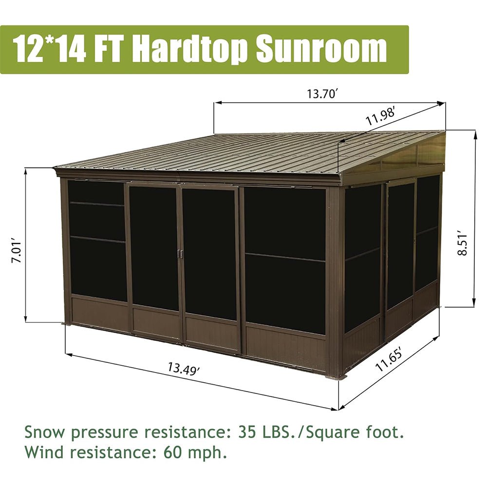 [12x14FT] Large Outdoor All-Season Wall Mounted Sunroom Solarium With Galvanized Steel Roof & Moveable PVC Screen (SAK46475) - Energize Trek