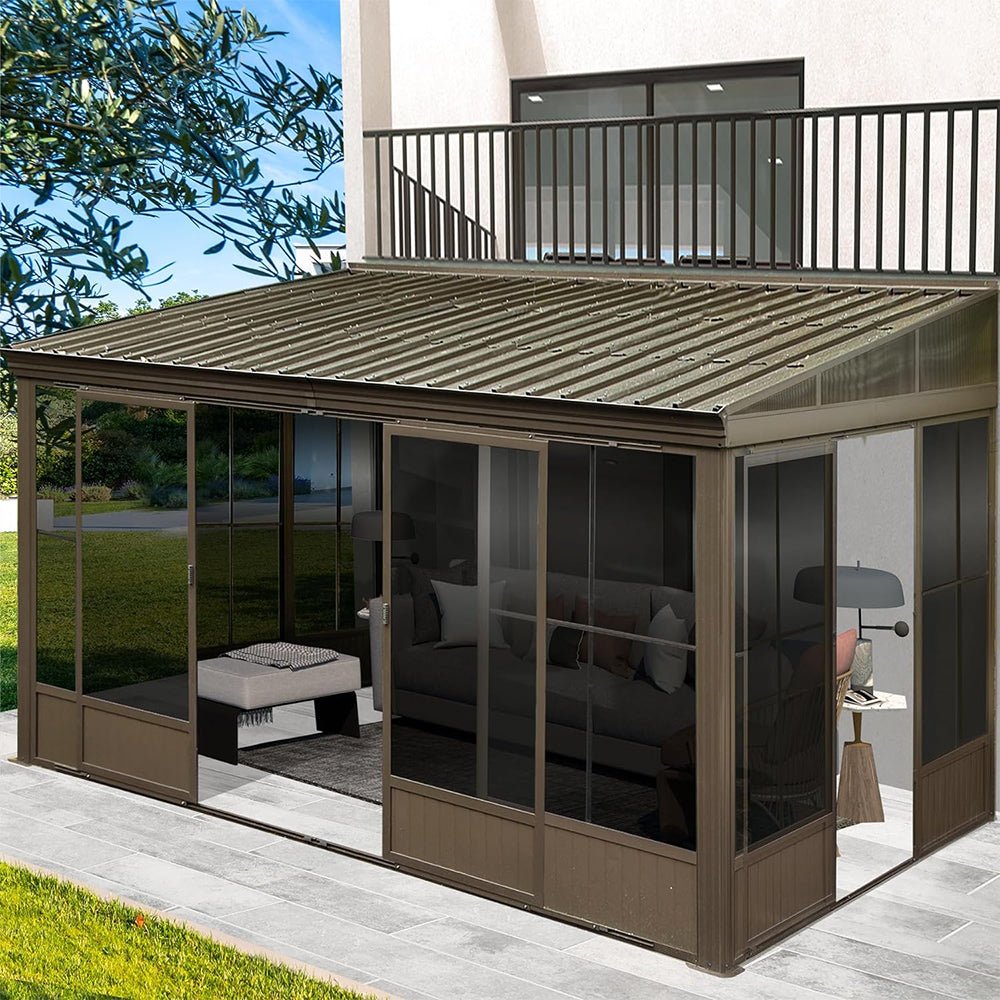[12x14FT] Large Outdoor All-Season Wall Mounted Sunroom Solarium With Galvanized Steel Roof & Moveable PVC Screen (SAK46475) - Energize Trek