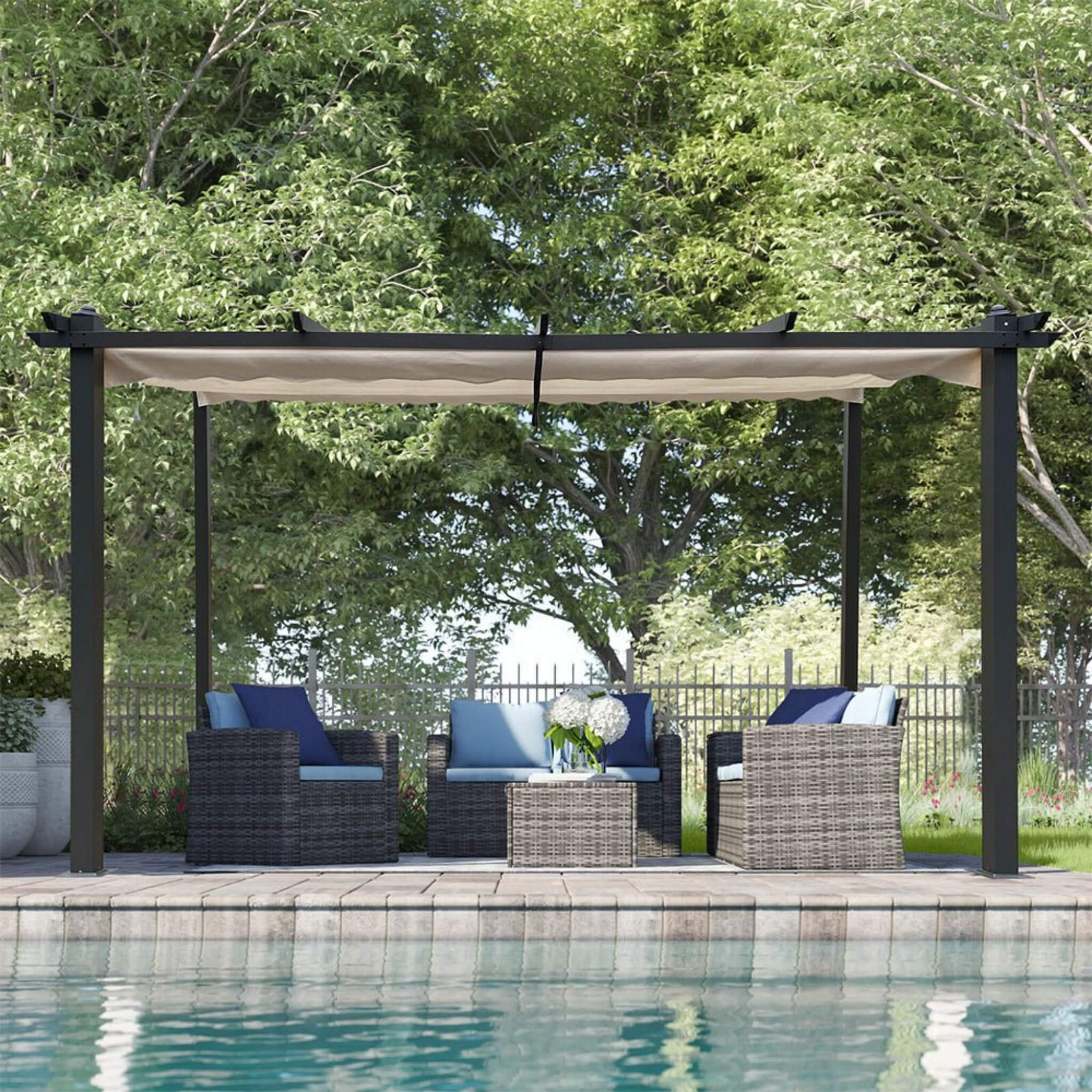 [10x13FT] Large Outdoor Patio Pergola With Canopy & Retractable Sun Shades, Beige (SAK51842) - Energize Trek