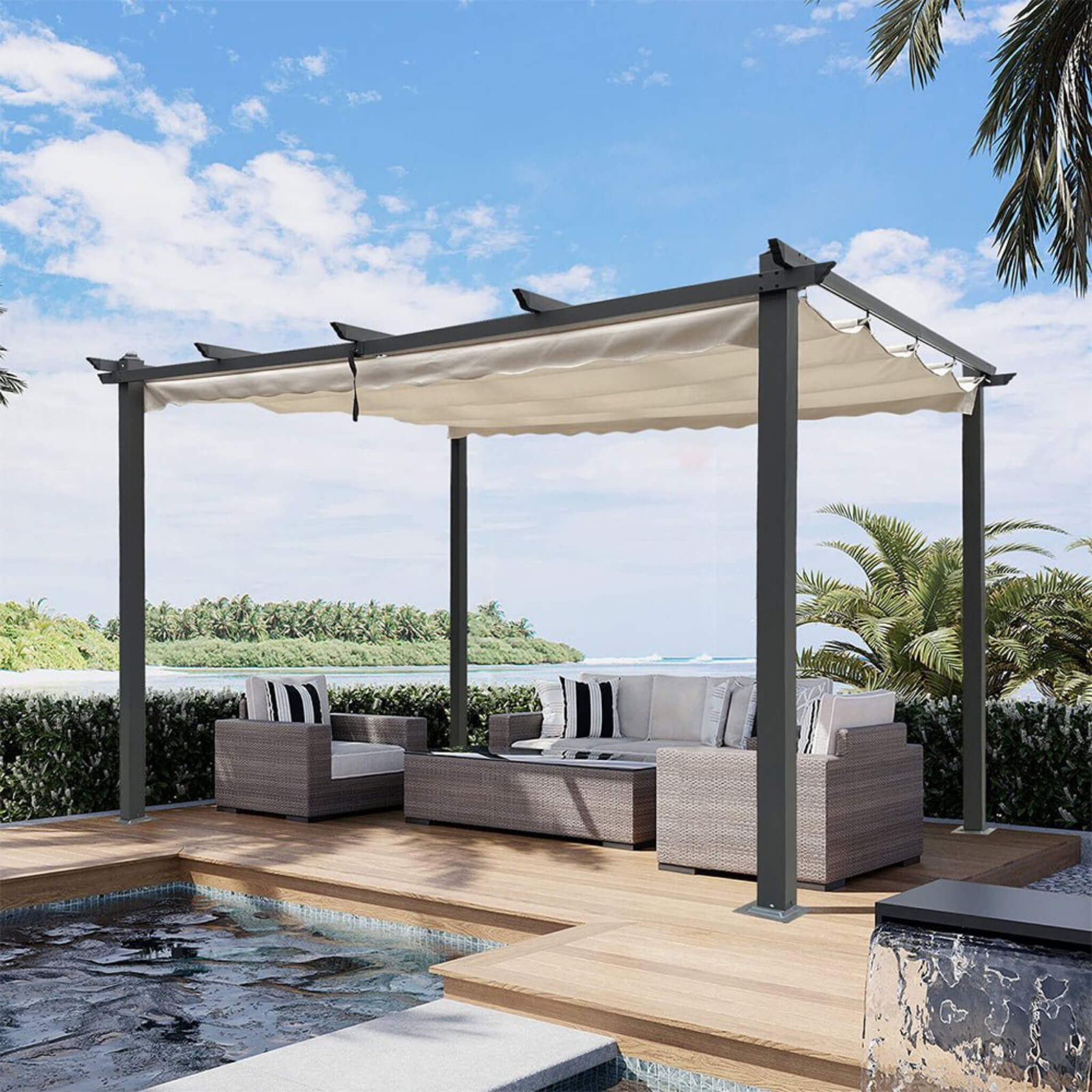 [10x13FT] Large Outdoor Patio Pergola With Canopy & Retractable Sun Shades, Beige (SAK51842) - Energize Trek