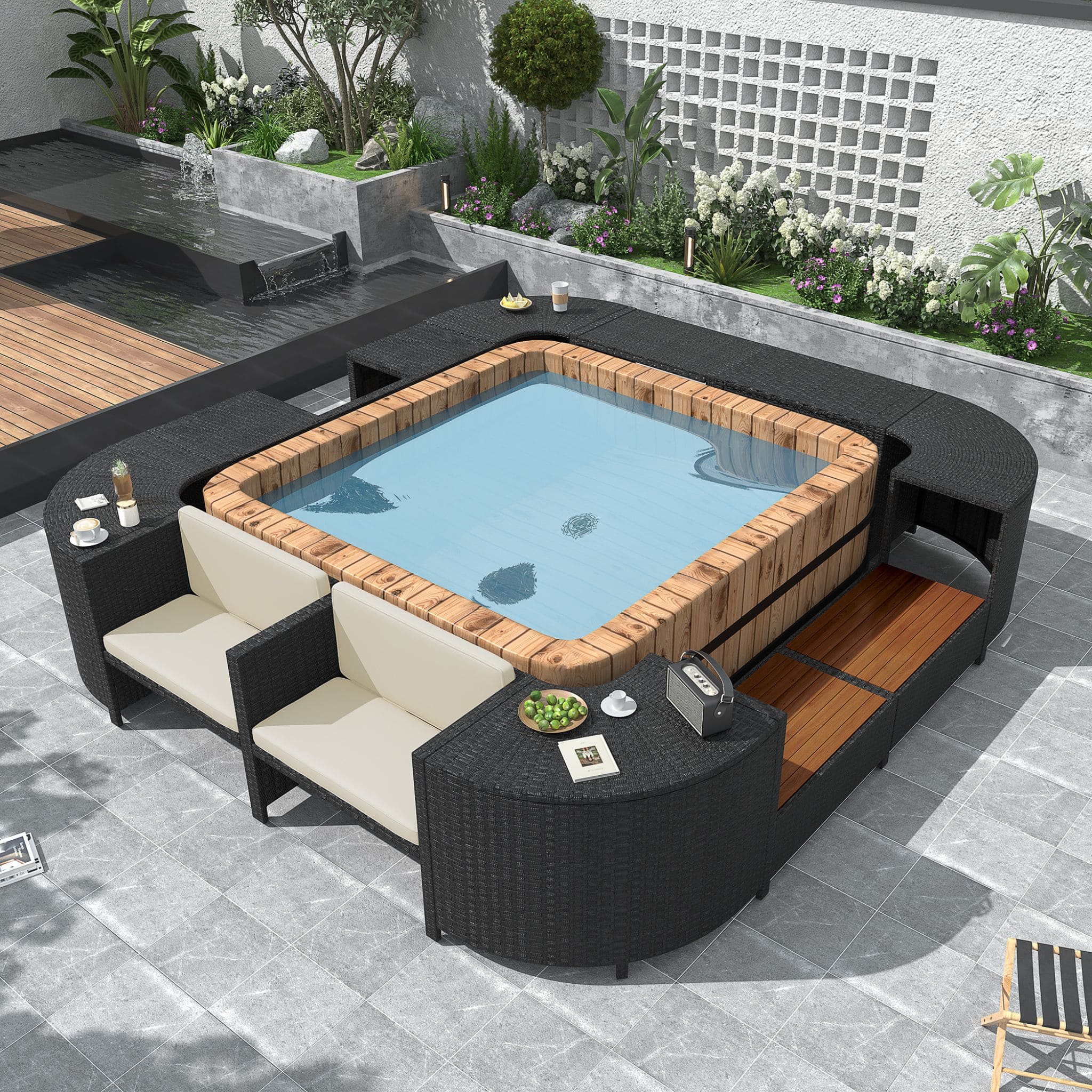 Large Outdoor Quadrilateral Spa Surround Rattan Sectional Sofa Set With Storage Compartments (SAK80217) - Energize Trek