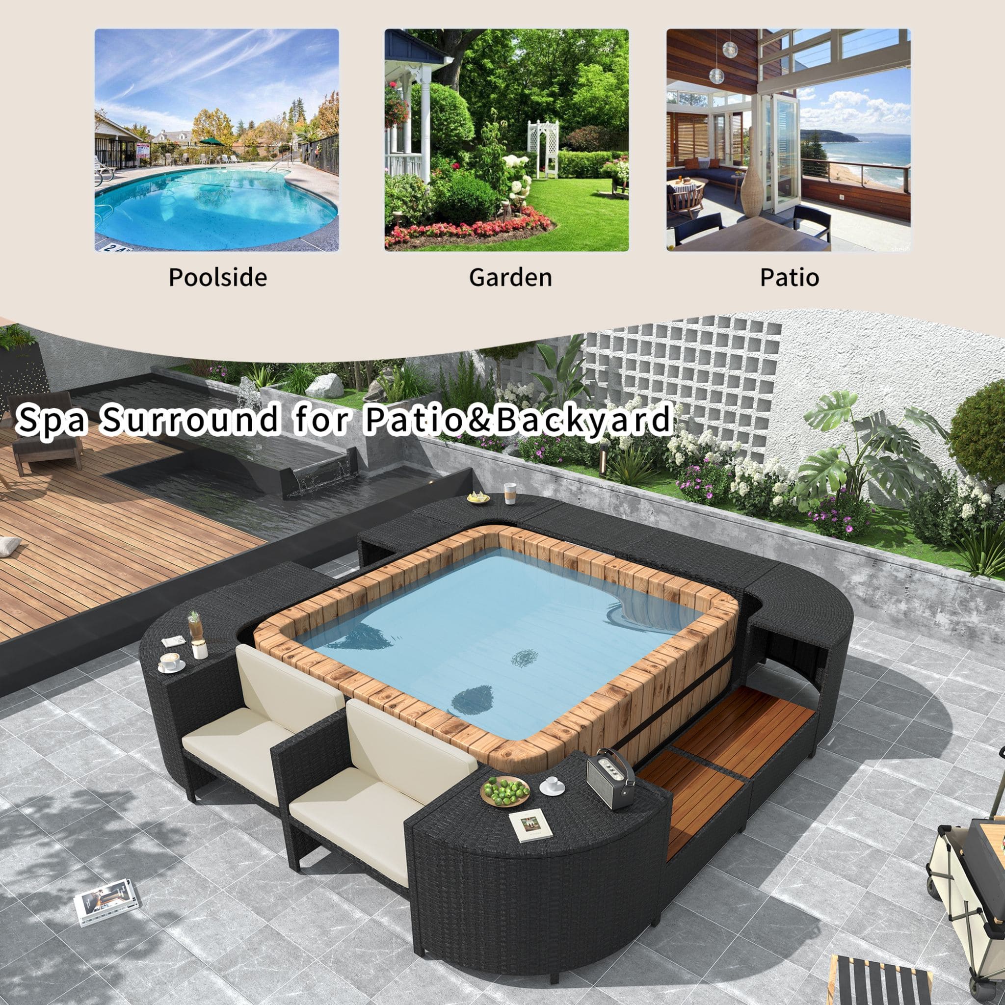 Large Outdoor Quadrilateral Spa Surround Rattan Sectional Sofa Set With Storage Compartments (SAK80217) - Energize Trek