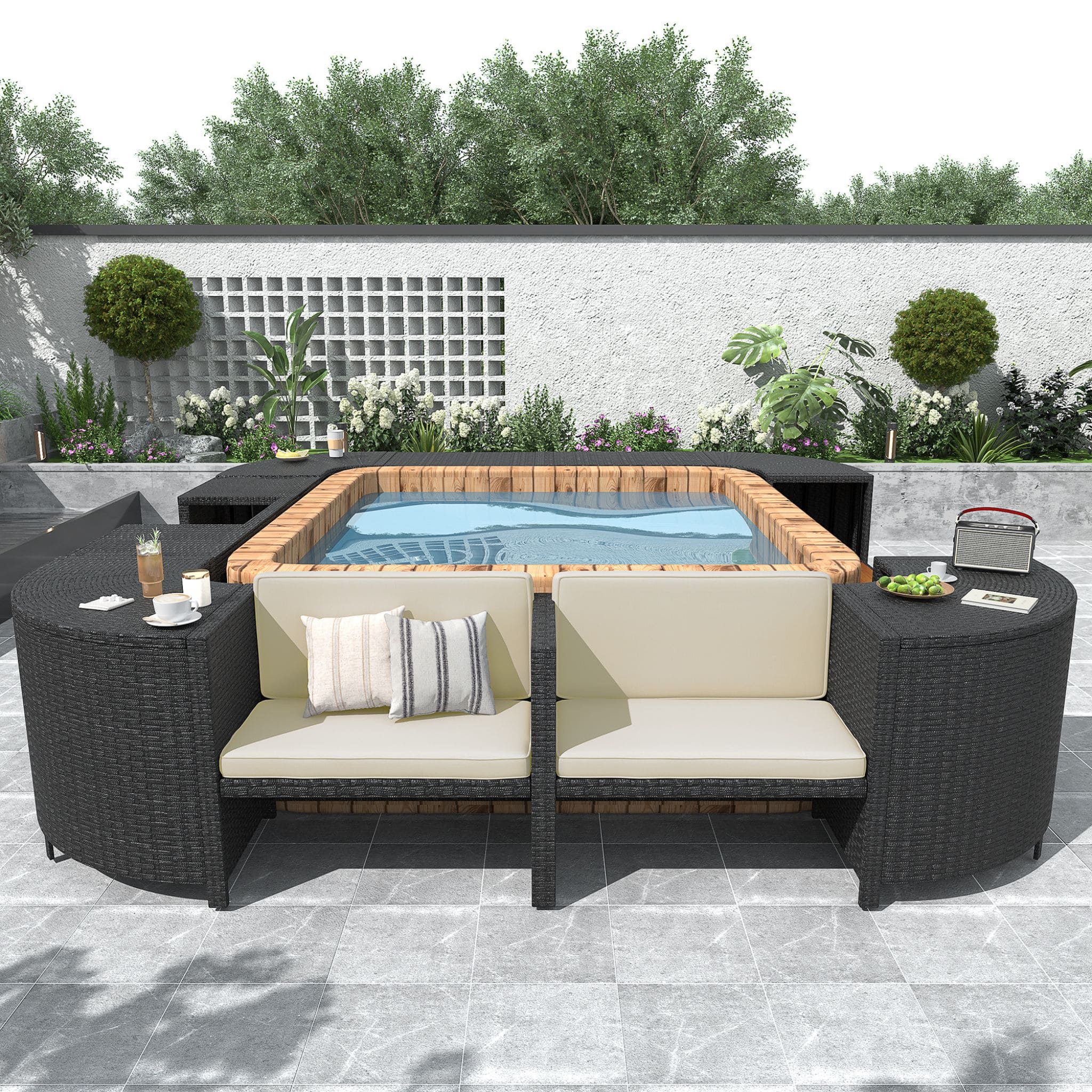 Large Outdoor Quadrilateral Spa Surround Rattan Sectional Sofa Set With Storage Compartments (SAK80217) - Energize Trek