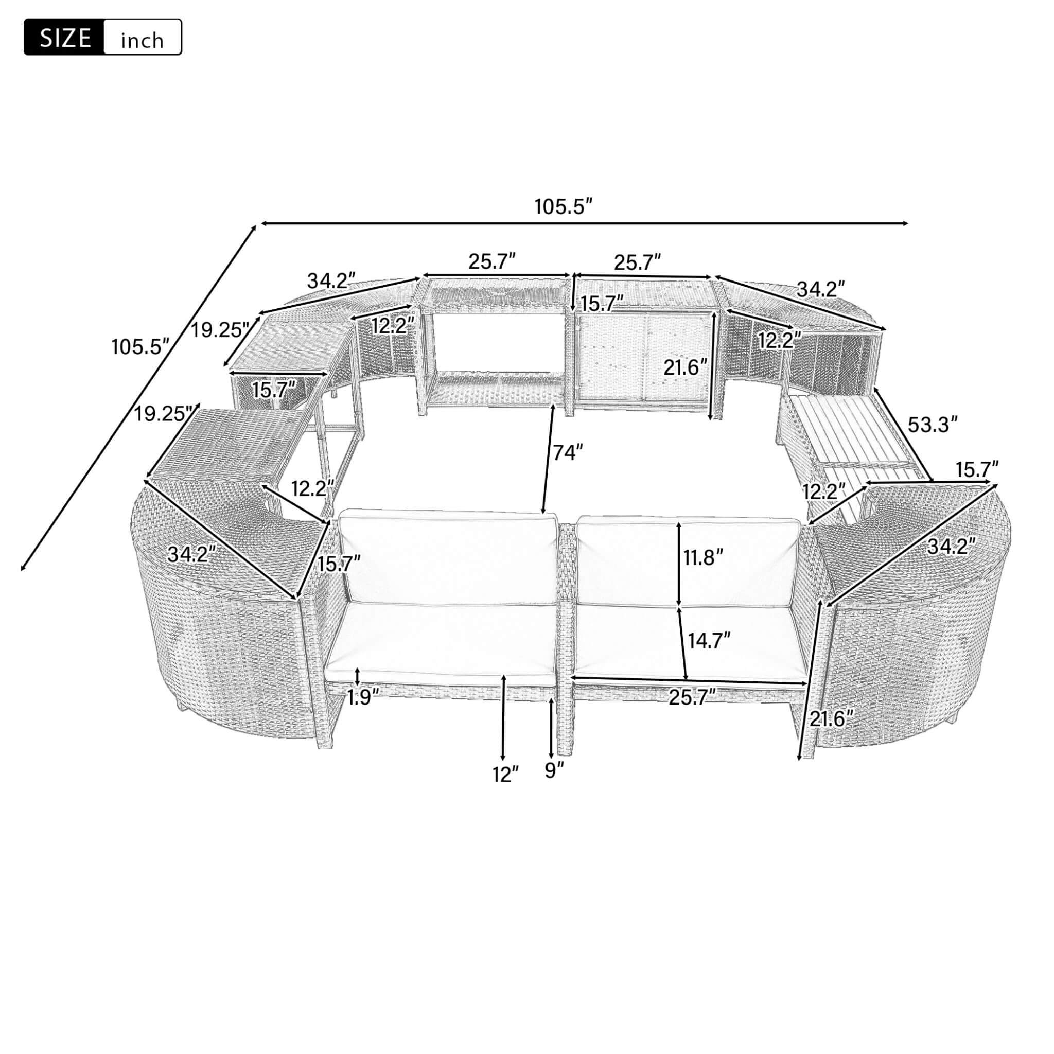 Large Outdoor Quadrilateral Spa Surround Rattan Sectional Sofa Set With Storage Compartments (SAK80217) - Energize Trek