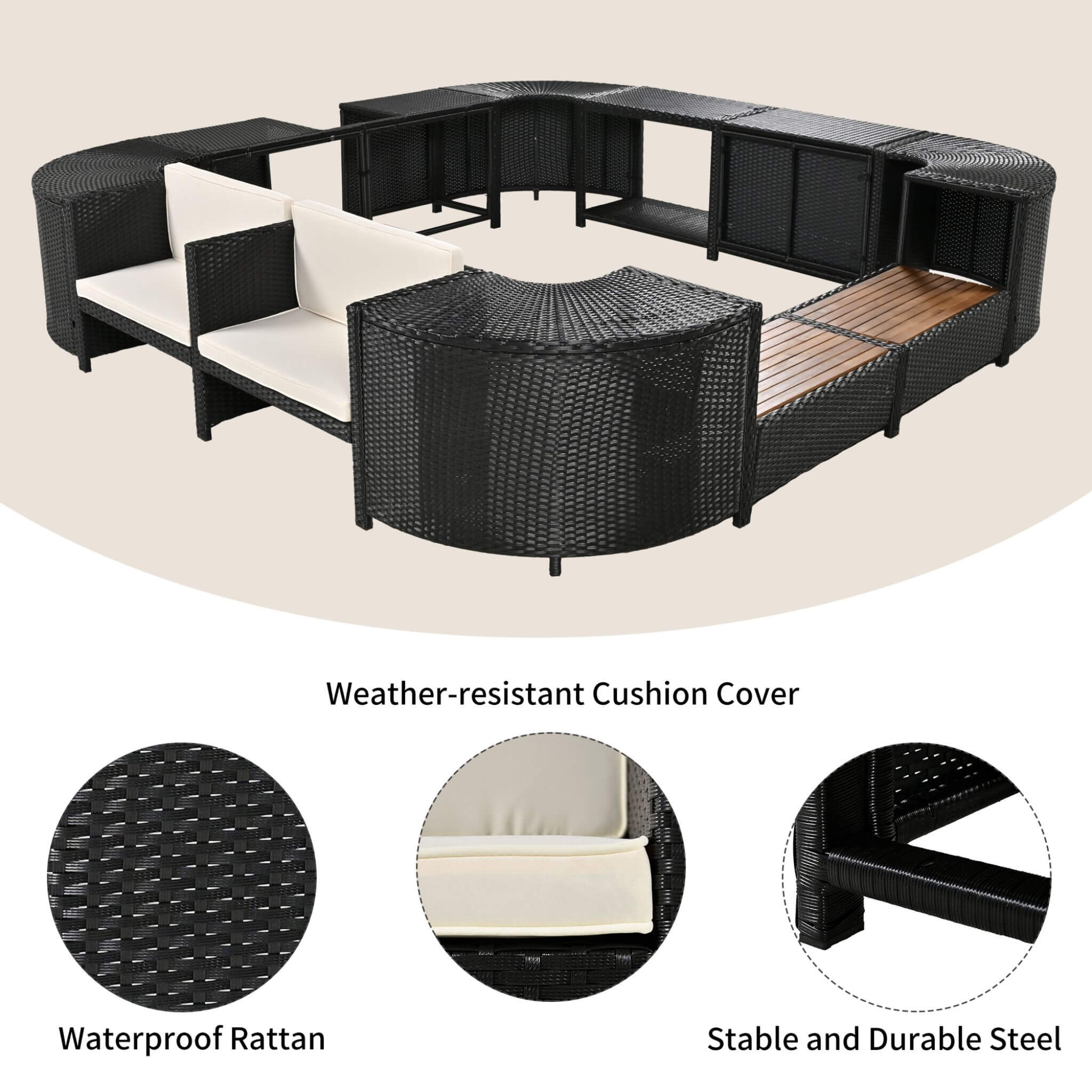 Large Outdoor Quadrilateral Spa Surround Rattan Sectional Sofa Set With Storage Compartments (SAK80217) - Energize Trek