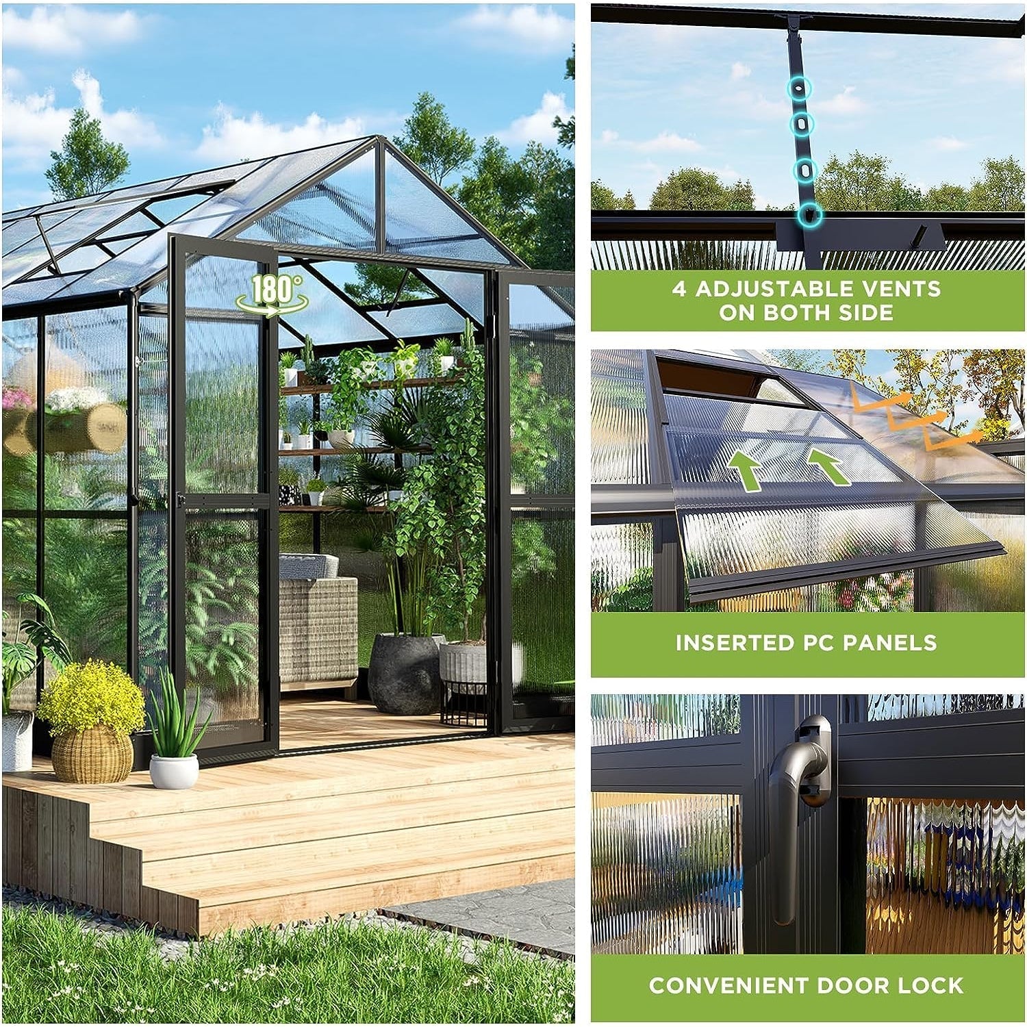 [08x12FT] Large Premium Outdoor Aluminum Polycarbonate Greenhouse With Double Swing Doors (SAK92641) - Energize Trek