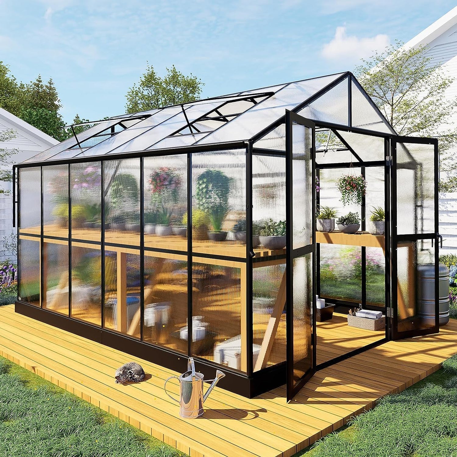 [08x12FT] Large Premium Outdoor Aluminum Polycarbonate Greenhouse With Double Swing Doors (SAK92641) - Energize Trek